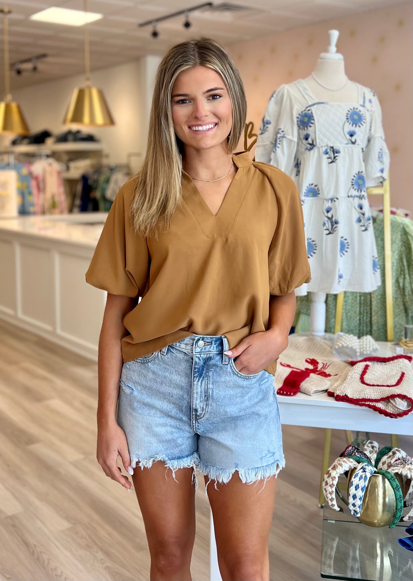 Puff Sleeve V-Neck Top in Mocha