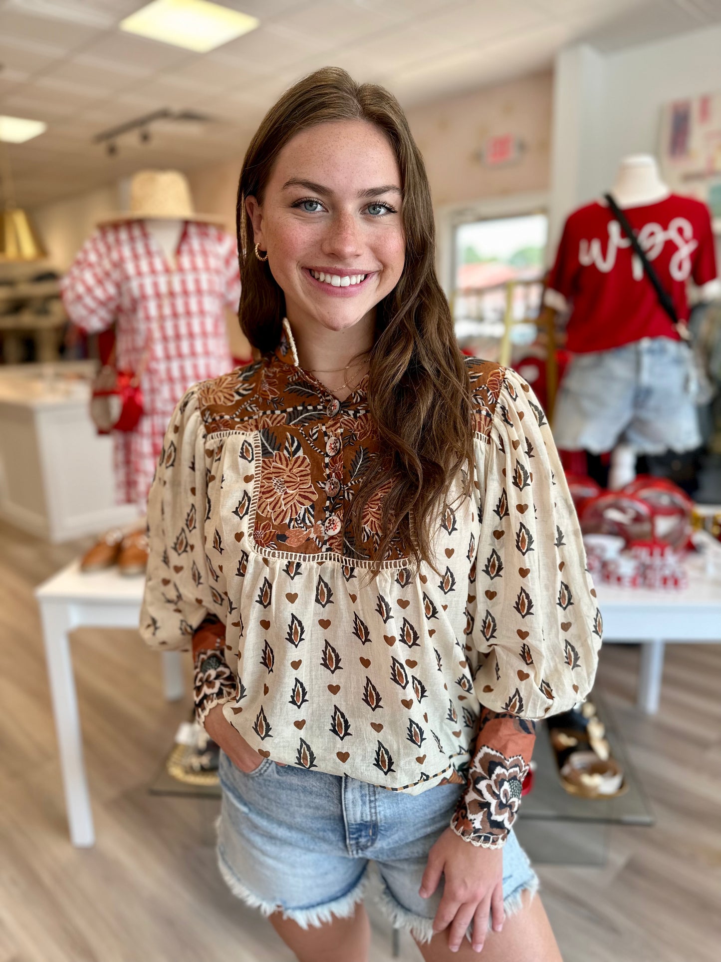 Anika Floral Beige Long Sleeve Blouse