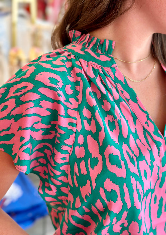 Jade and Pink Flutter Sleeve Blouse