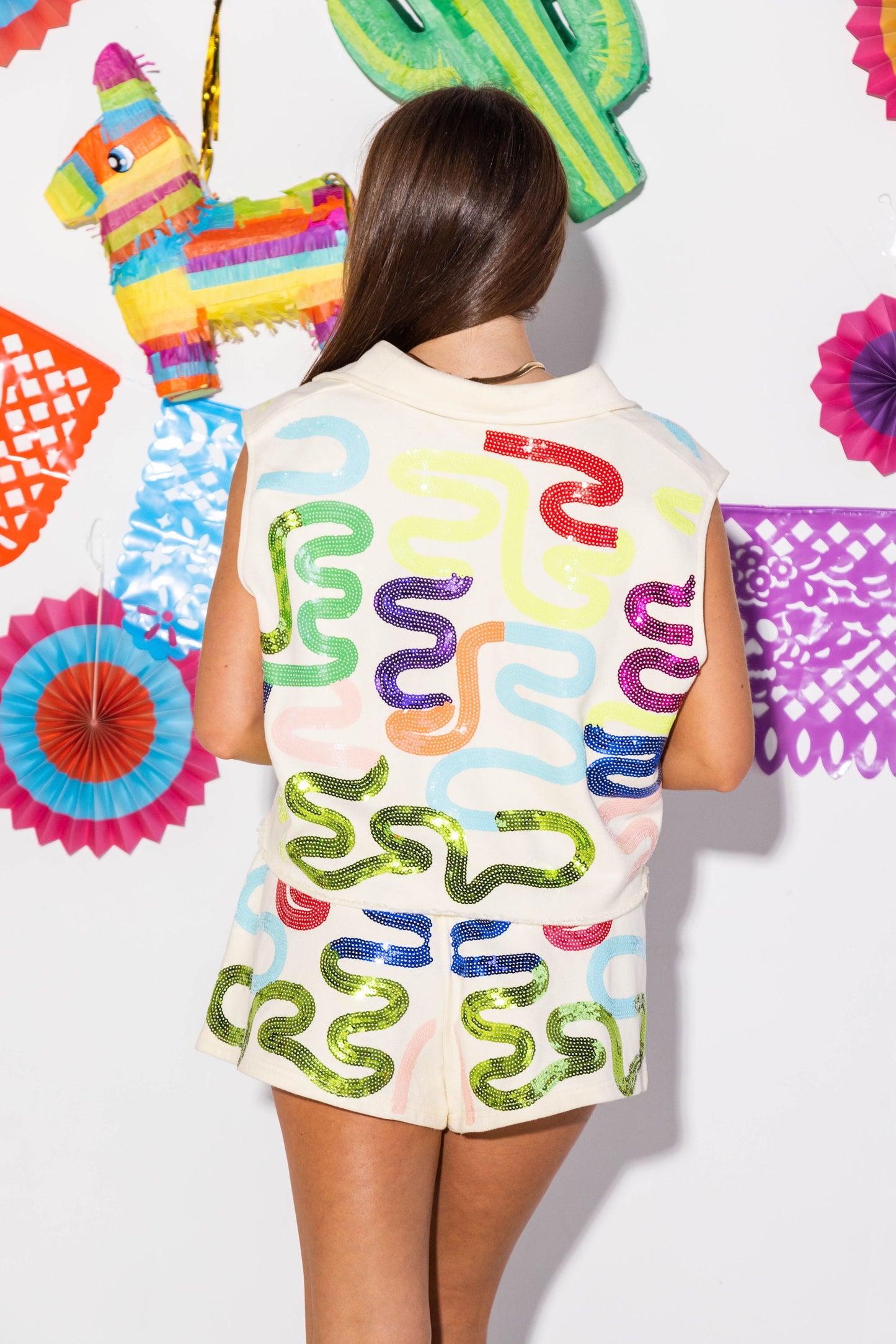 Beige and Neon Squiggle Collar Tank