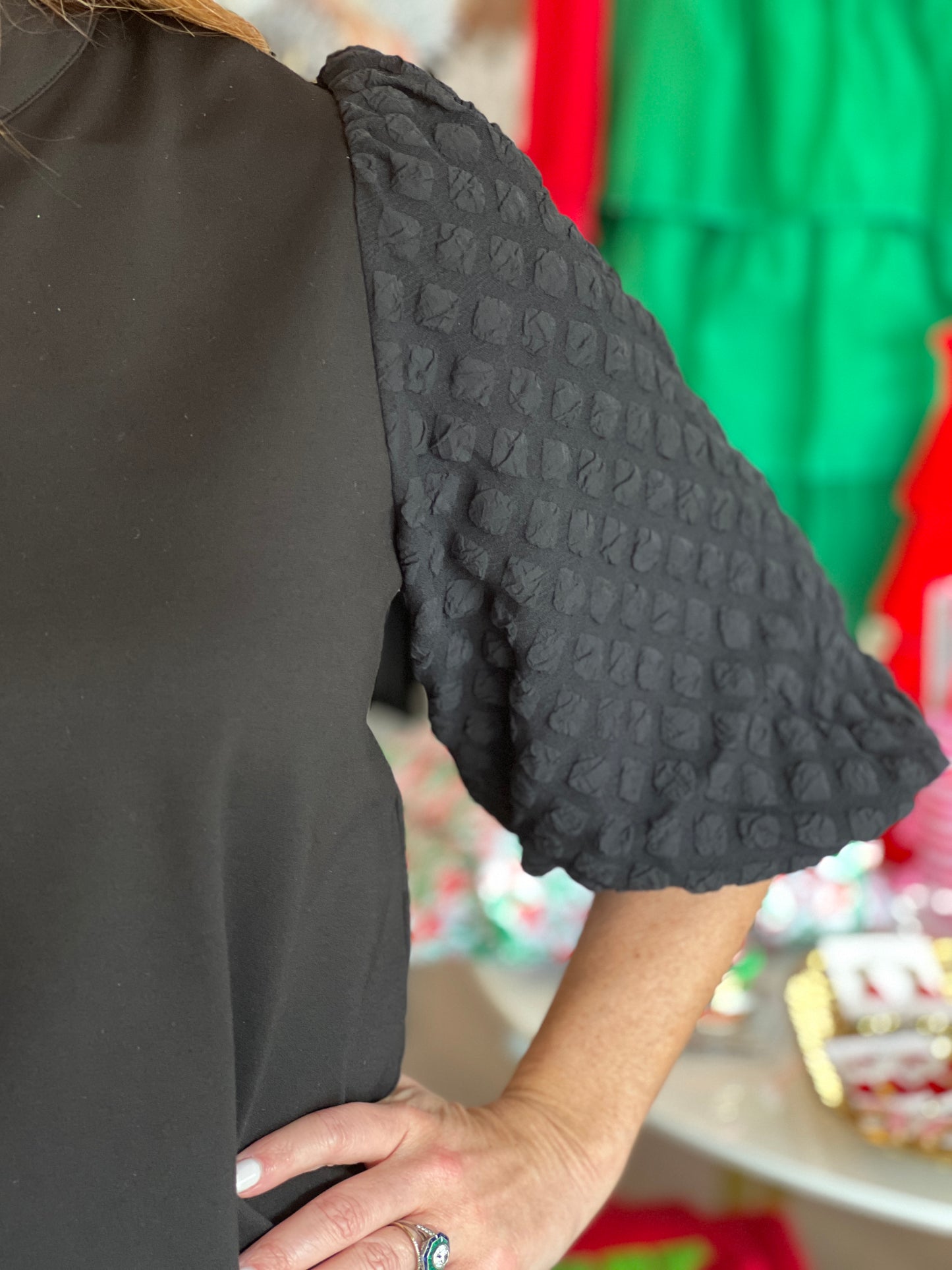 Black Textured Puff Sleeve Top