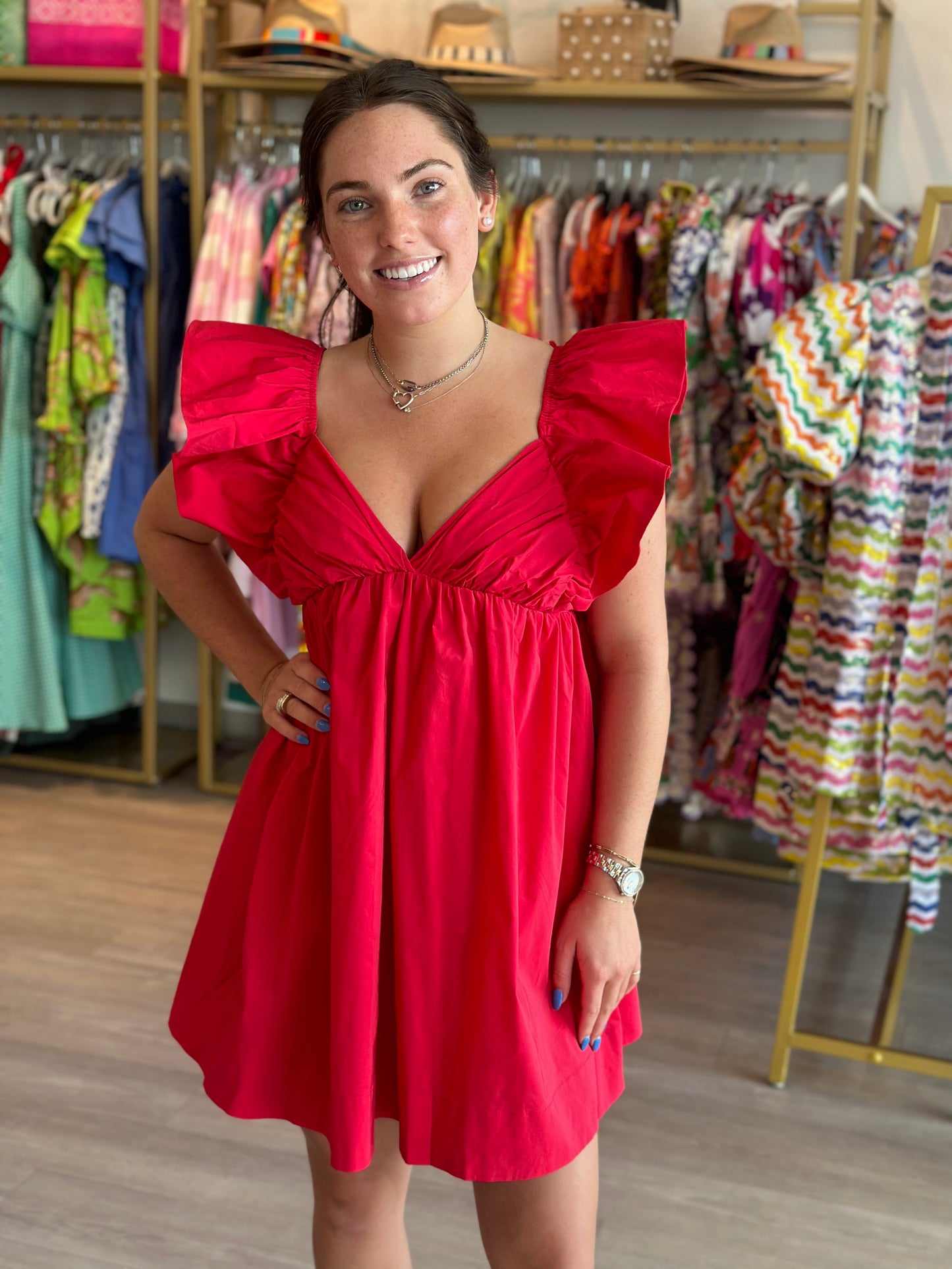 Ruffle Tie Back Poplin Dress in Red