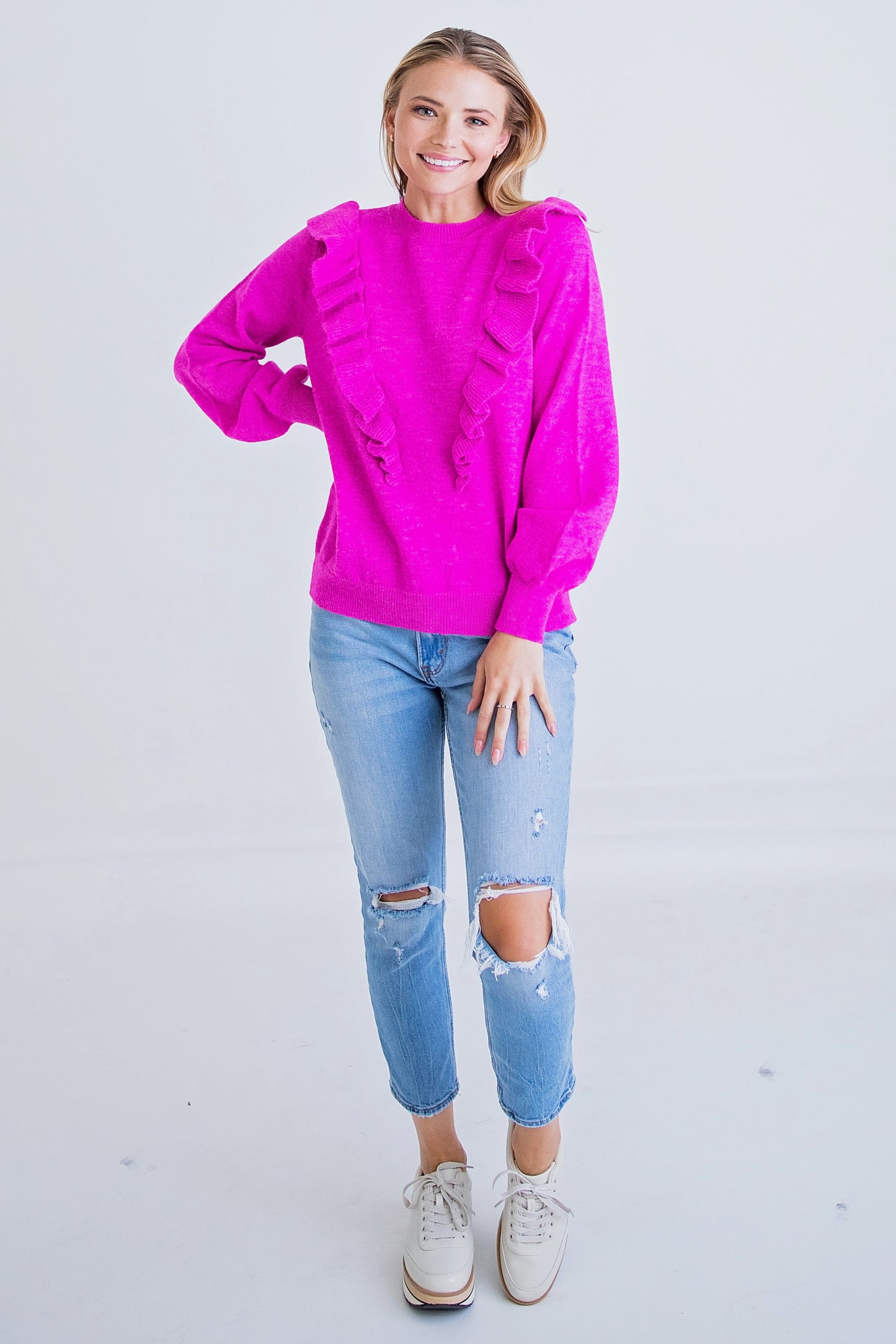 Solid Ruffle Sweater in Fuschia