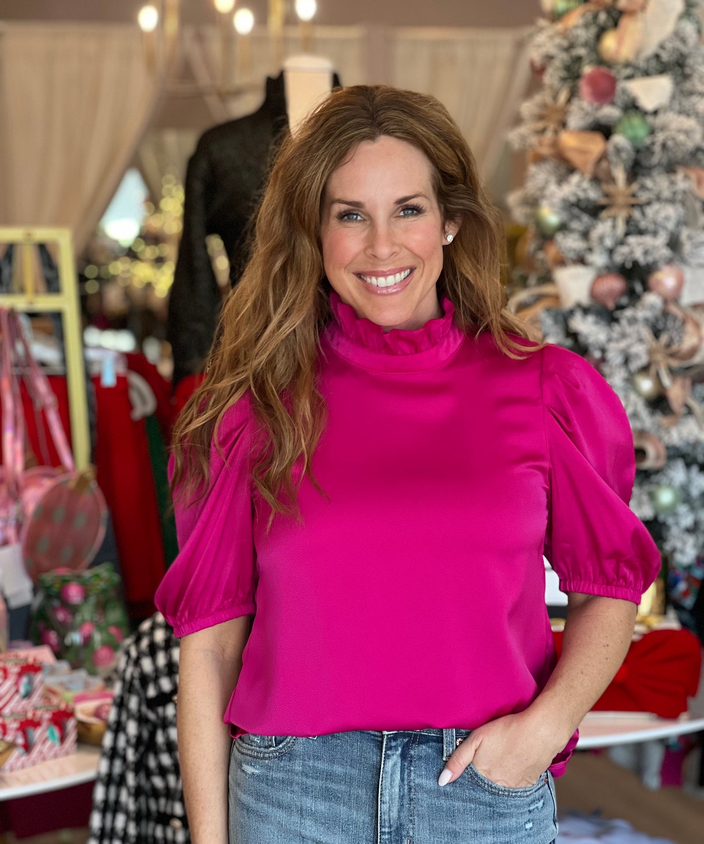 Silky Balloon Sleeve Top in Pink