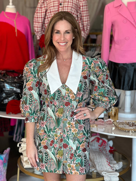 Jacquard Collar Dress in Green Floral