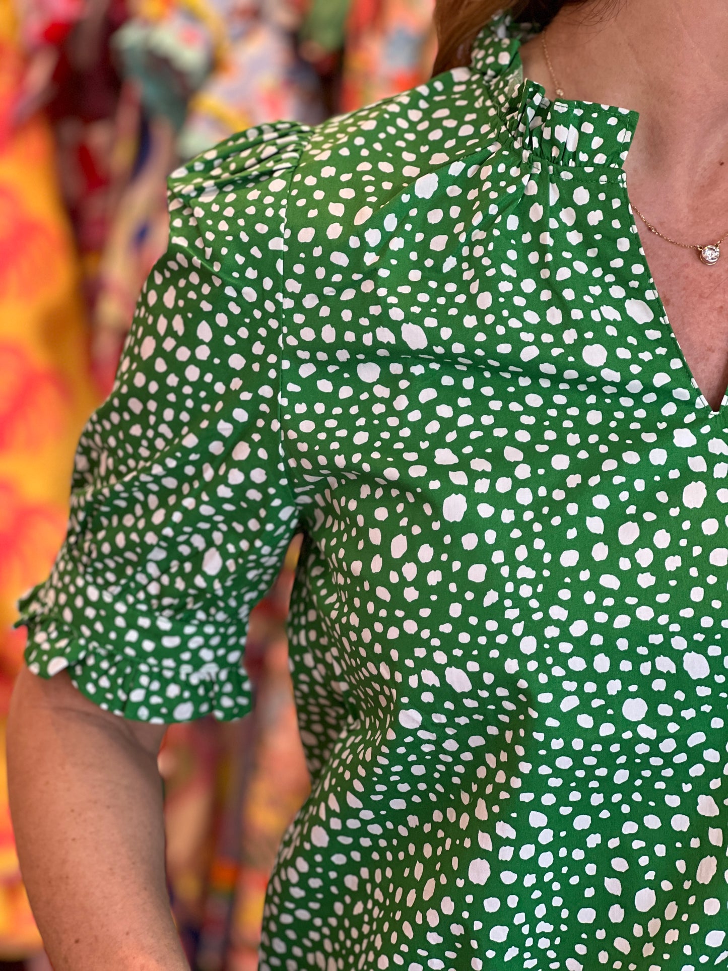 Ruffle Short Sleeve Blouse in Green