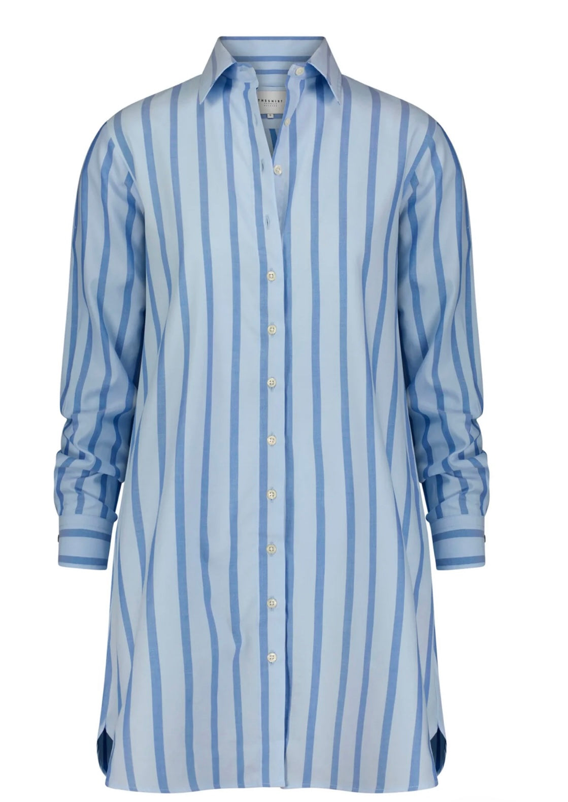 The Long Sleeve Shirt Dress in Blue Stripe