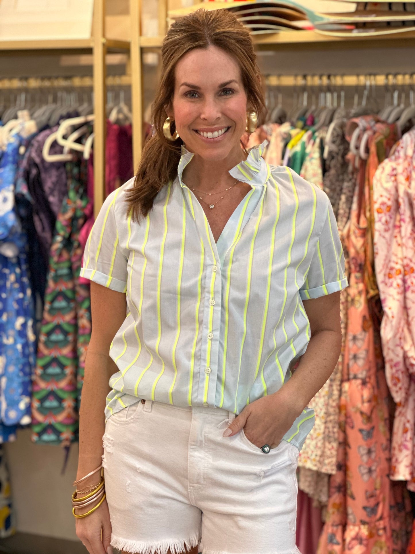 Ruffled Collared Shirt in Fluorescent Stripe