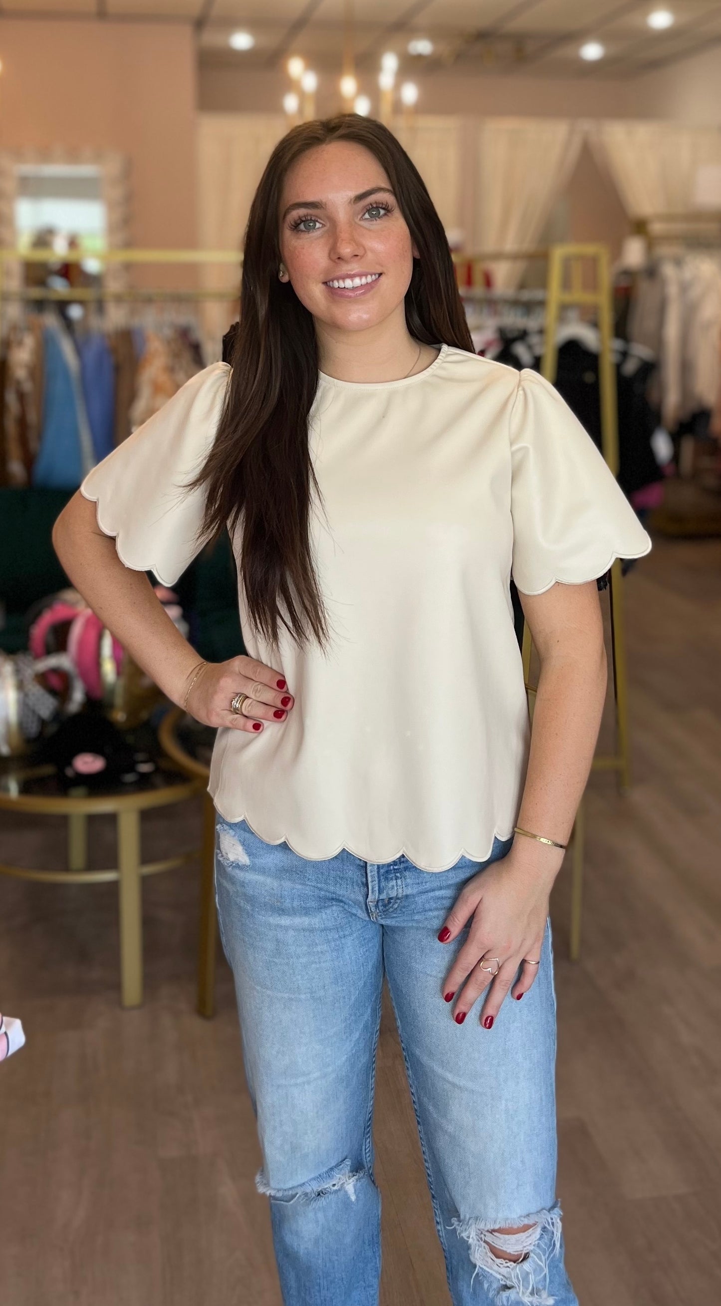 Ivory Scallop Faux Leather Top