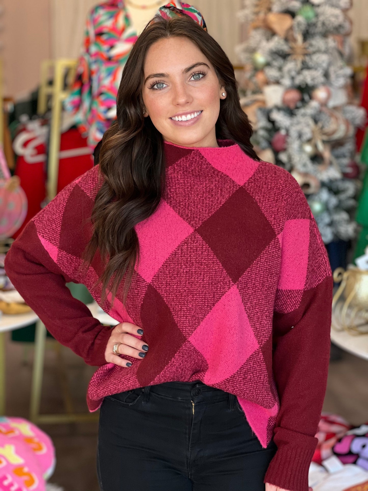 Wesley Check Mock Neck Pullover in Raspberry