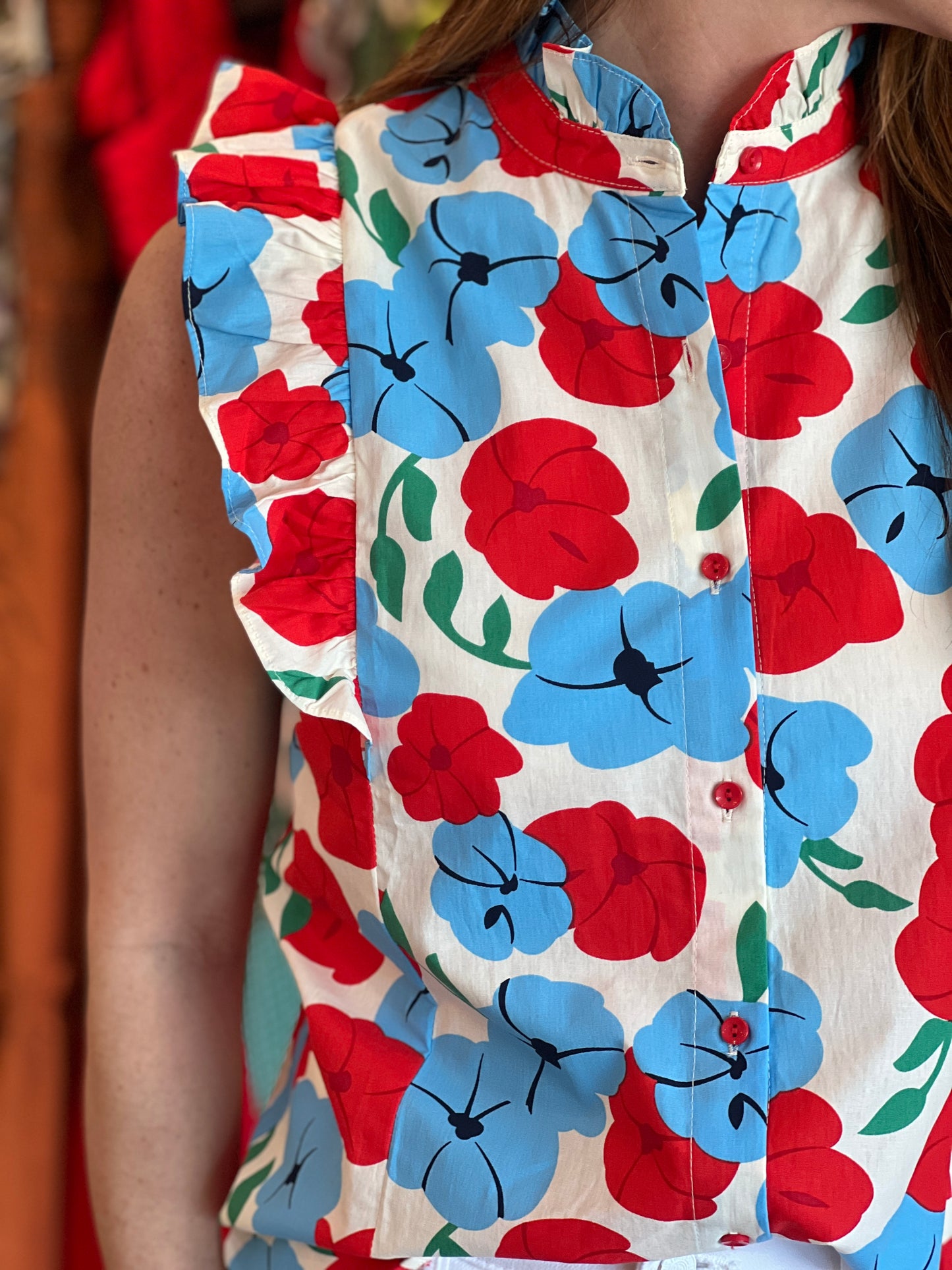 Ruffle Sleeveless Blouse in Red Blooms