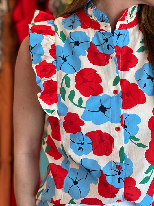 Ruffle Sleeveless Blouse in Red Blooms