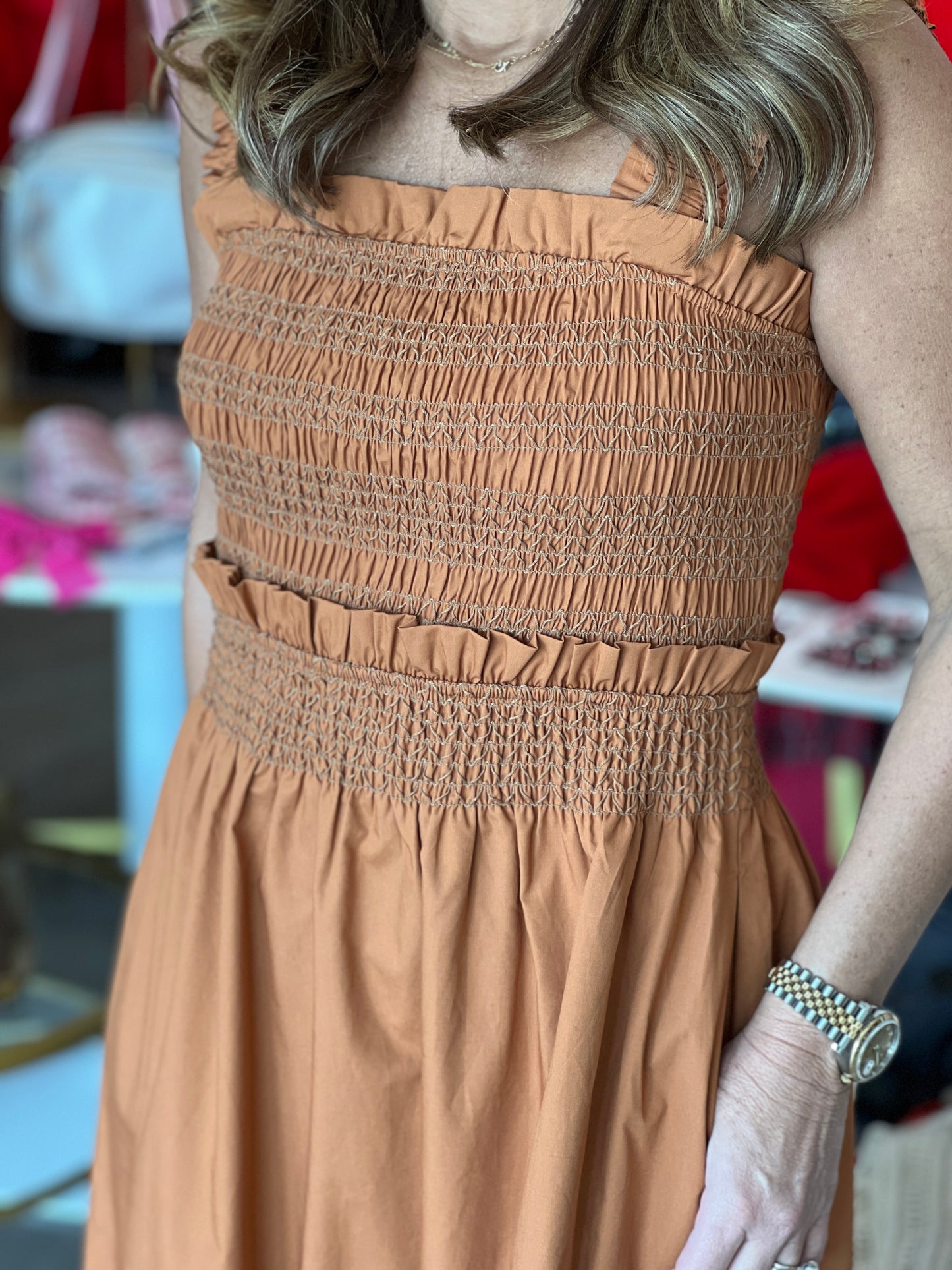 Terracotta Smocked Midi Dress