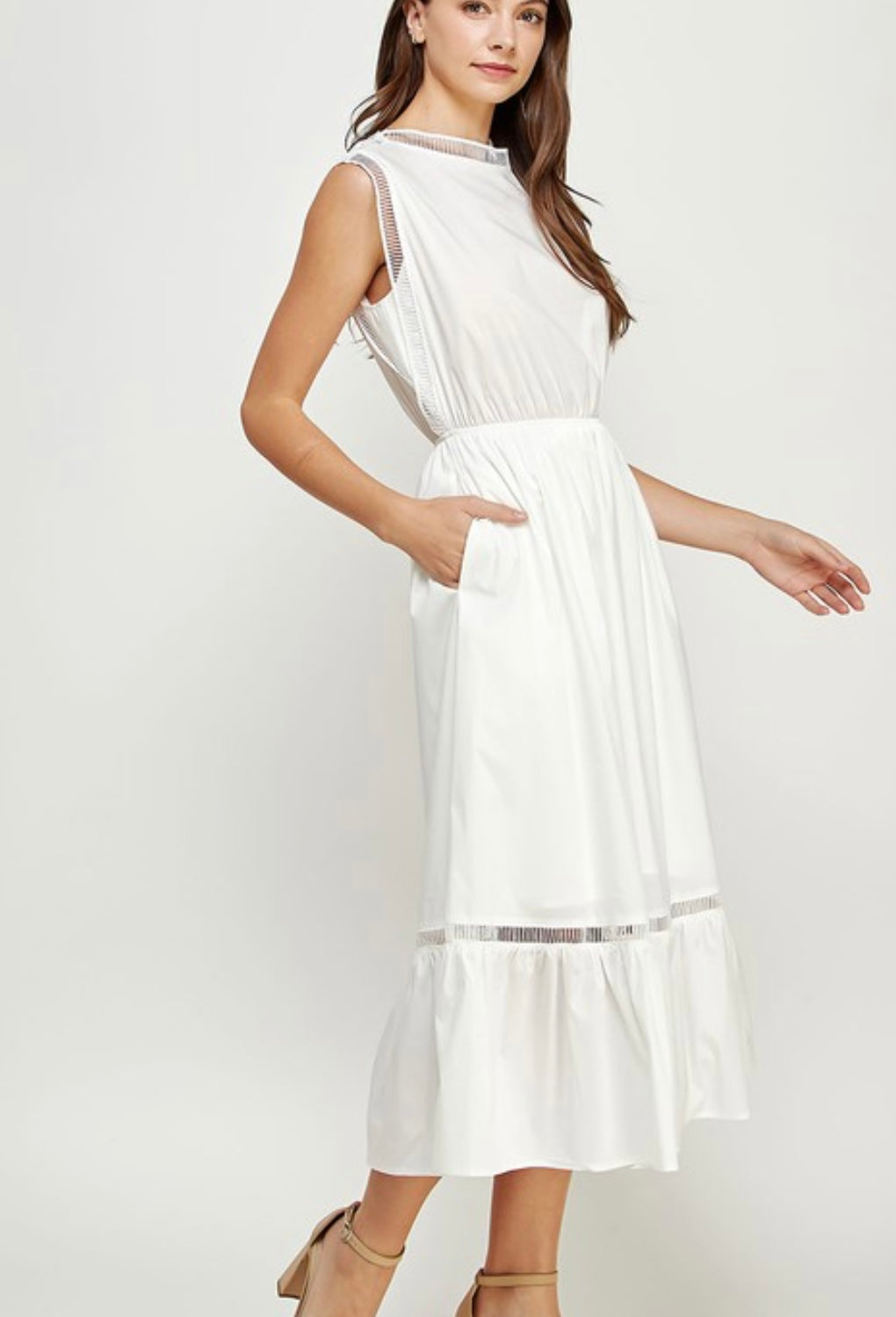 Trim Detail Poplin Dress in White