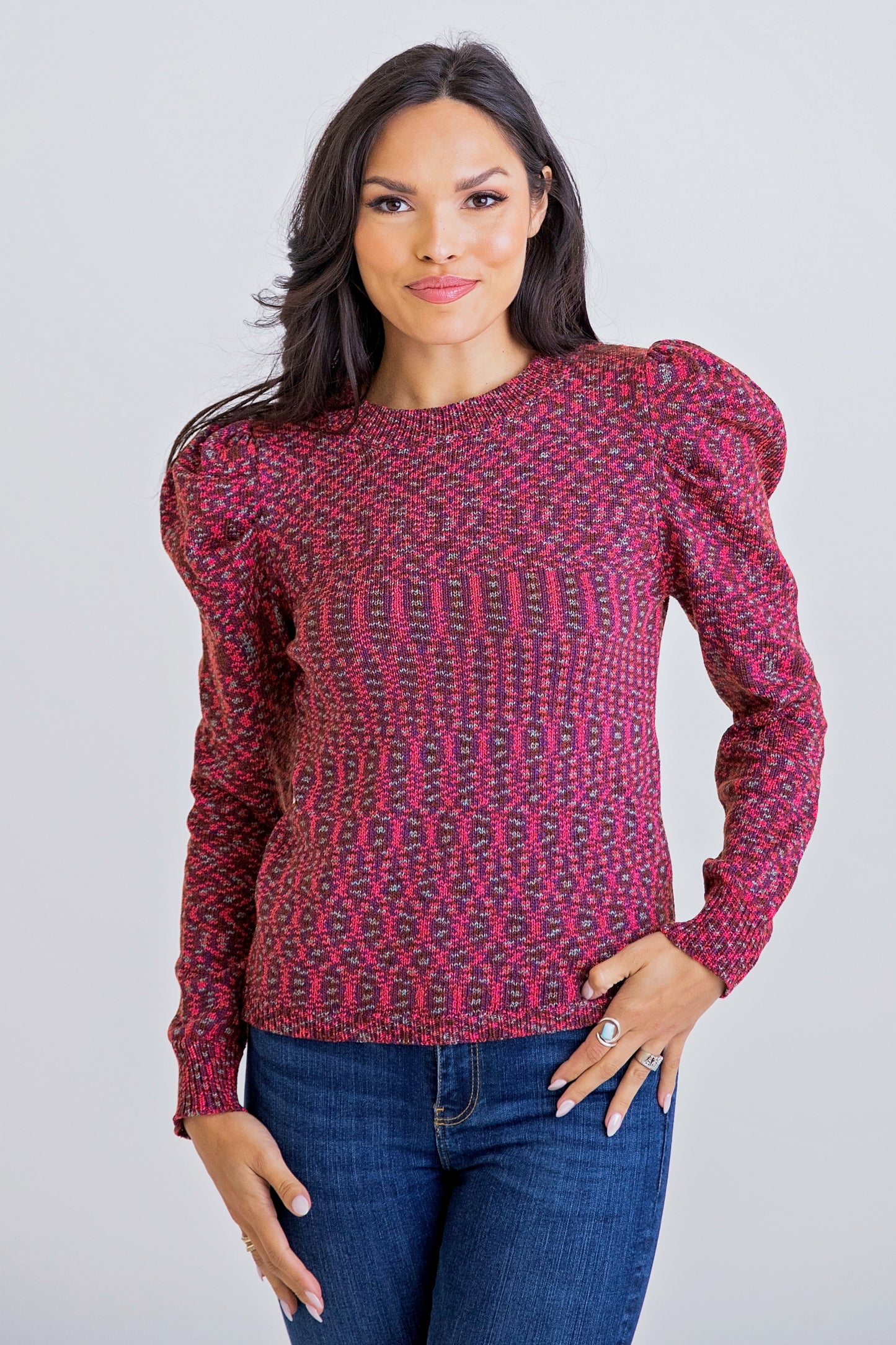 Puff Sleeve Sweater in Multi Brown