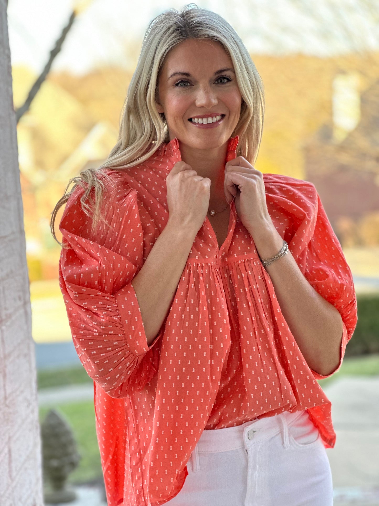 High Neck Top in Coral Swiss Dot