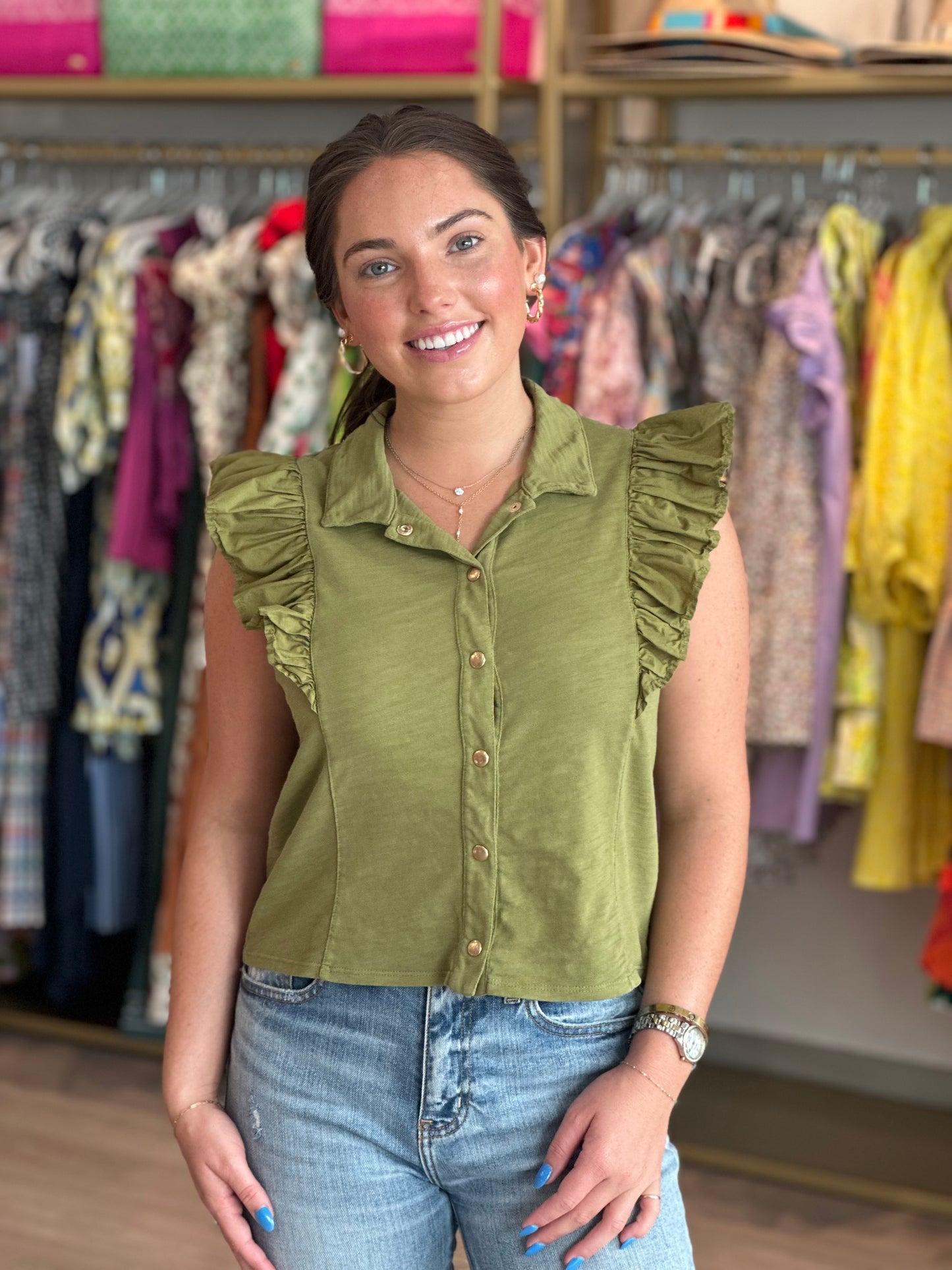 Archer Ruffled Button Up in Lichen