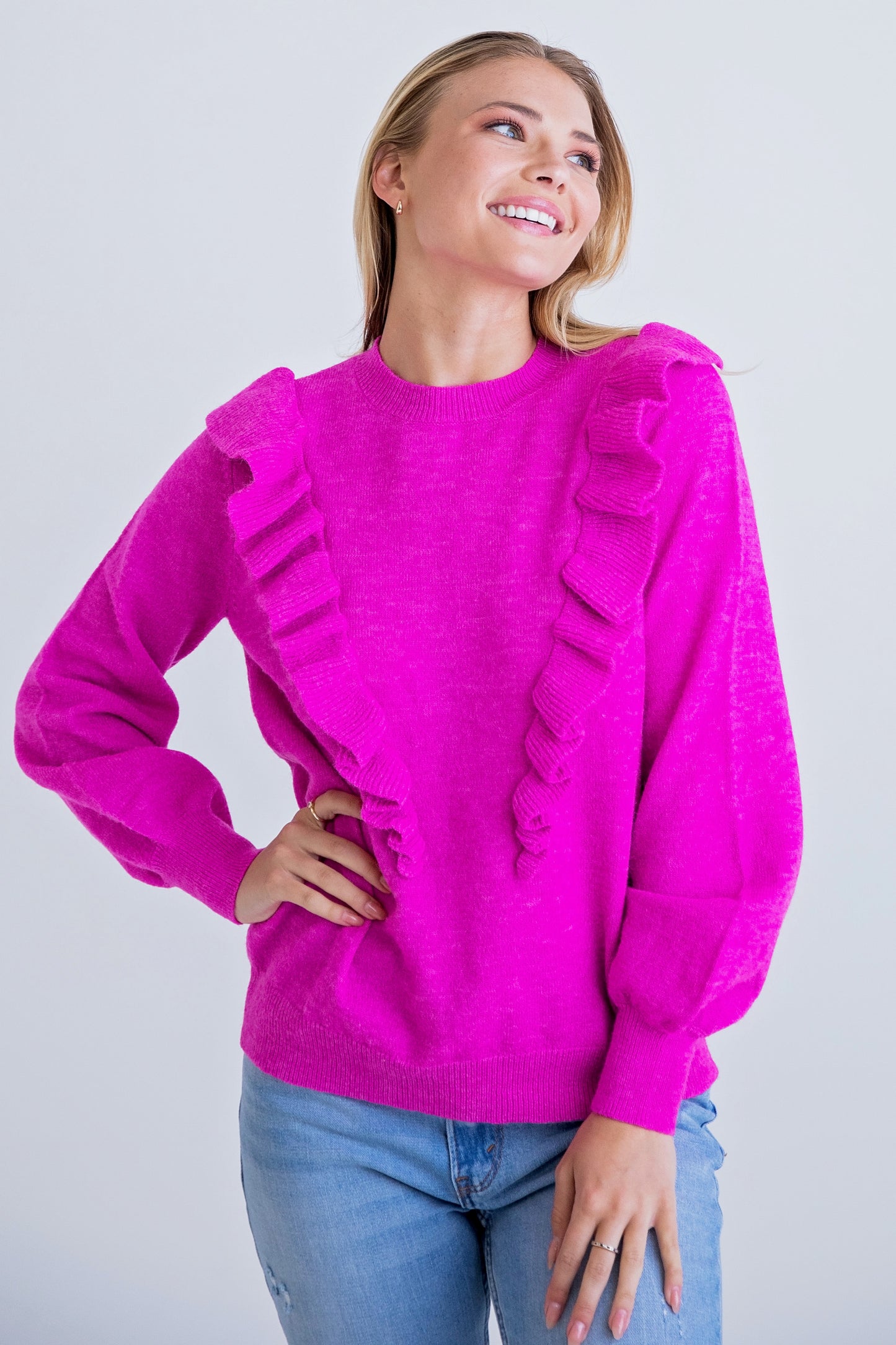 Solid Ruffle Sweater in Fuschia