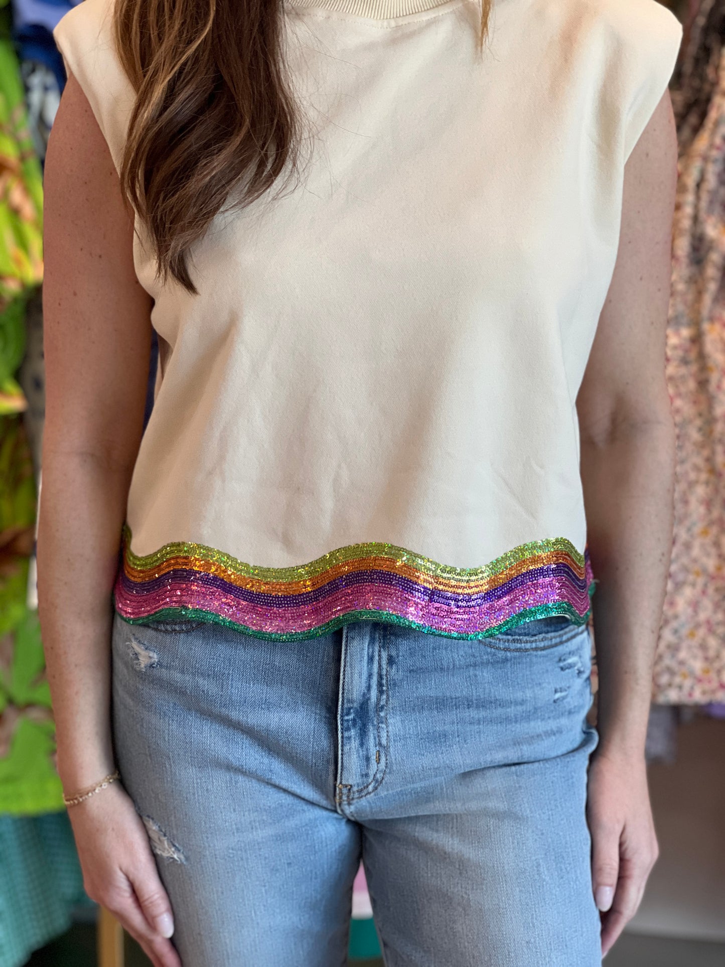Beige Rainbow Shoulder Pad Tank