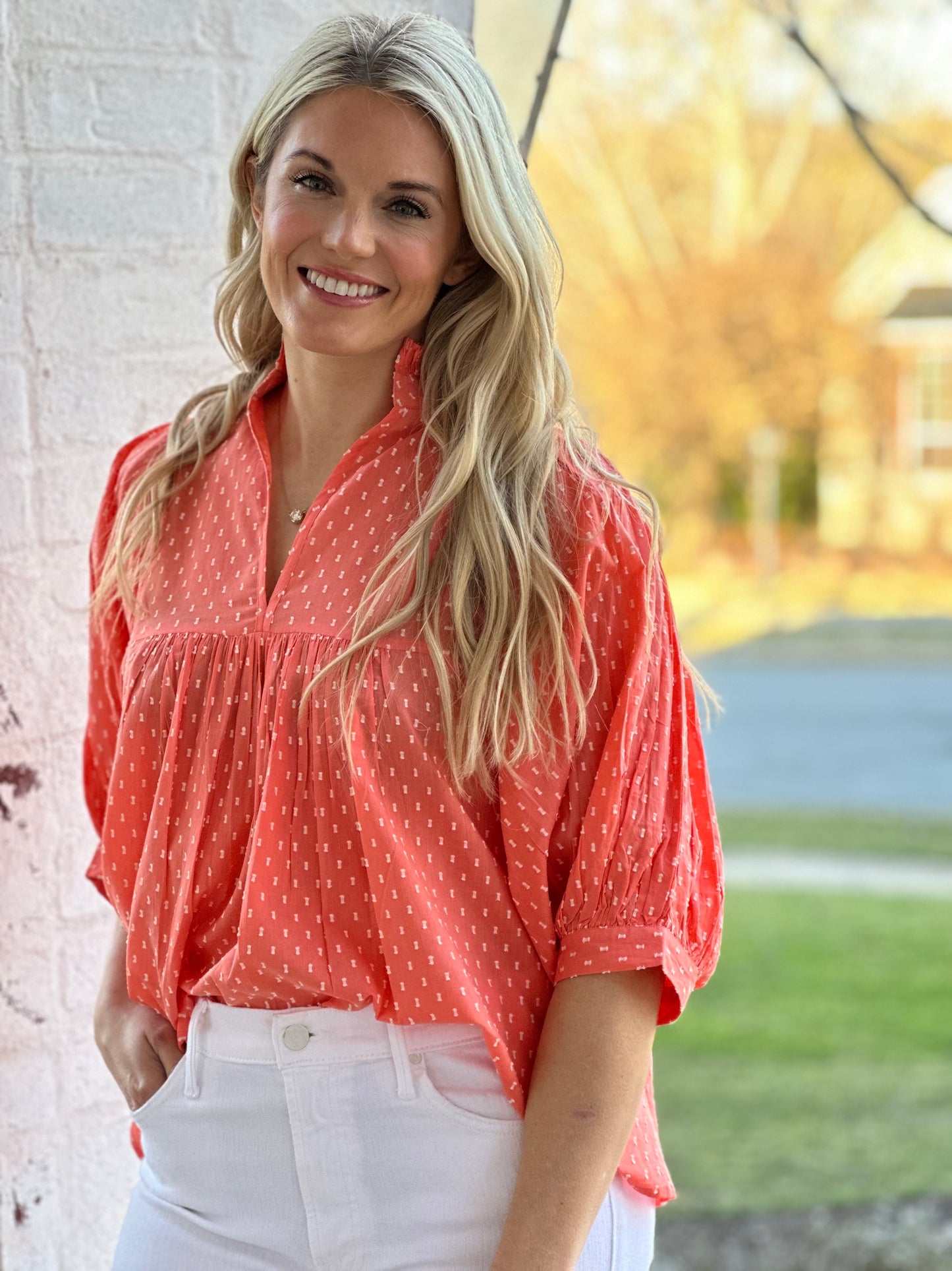 High Neck Top in Coral Swiss Dot