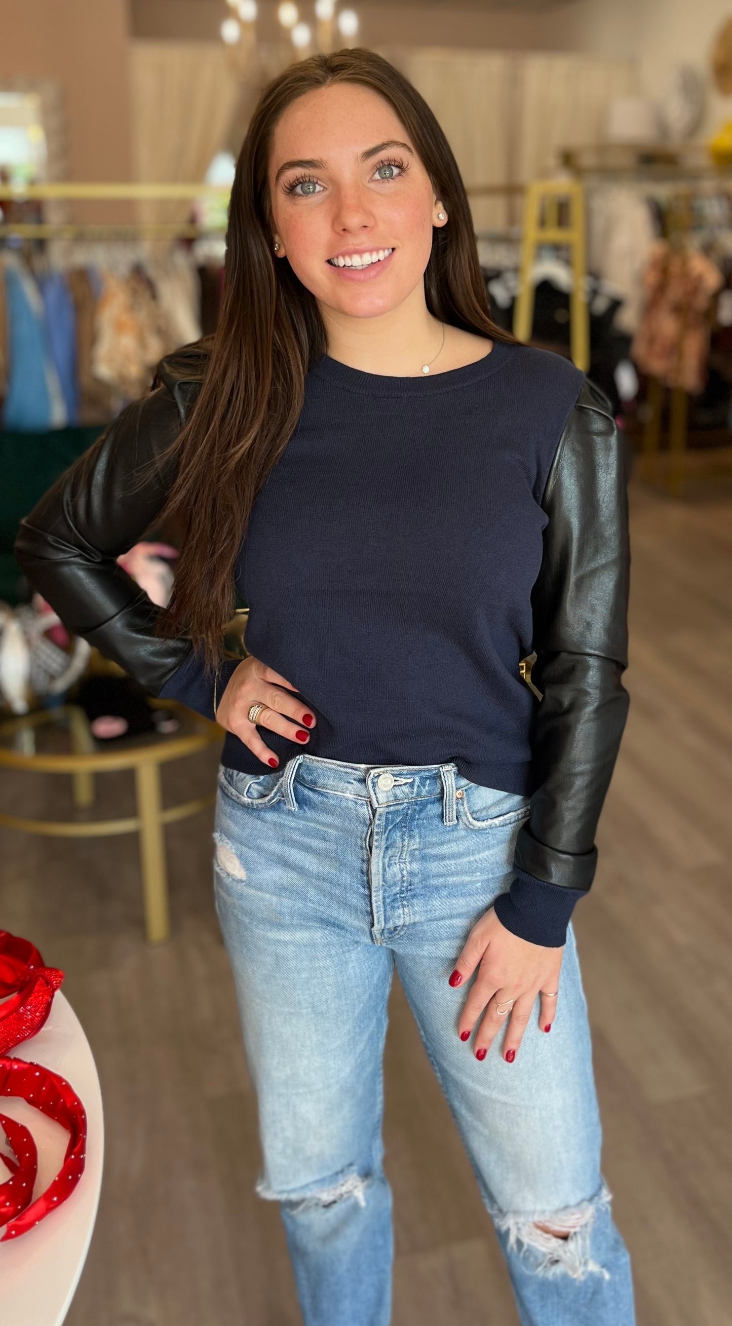 Navy Crewneck Sweater w/Faux Leather.