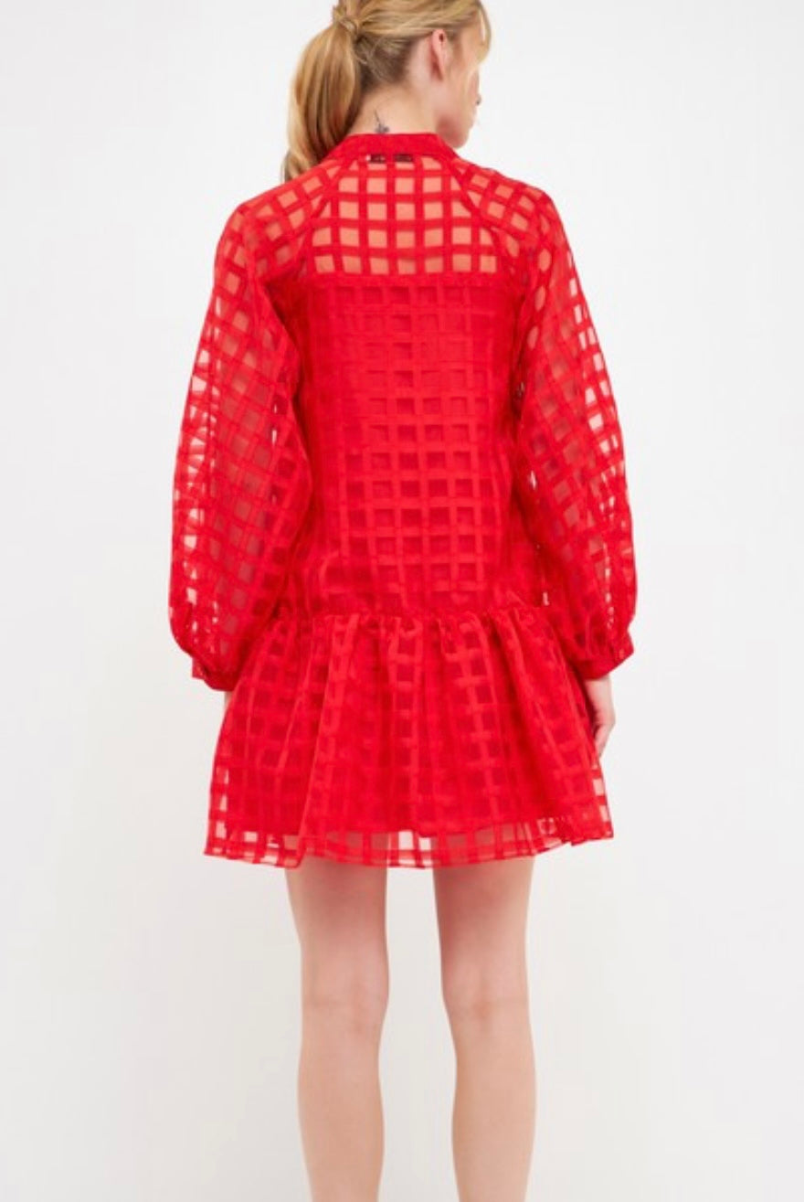 Red Organza Button Long Sleeve Mini Dress
