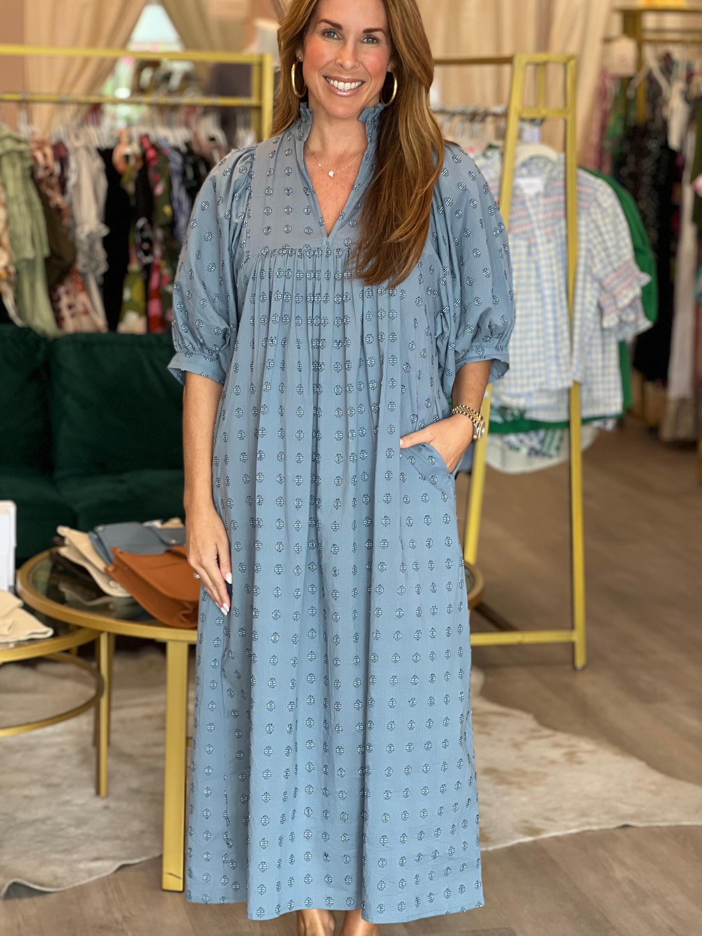 High Neck Midi Dress in Blue Cross Hatch