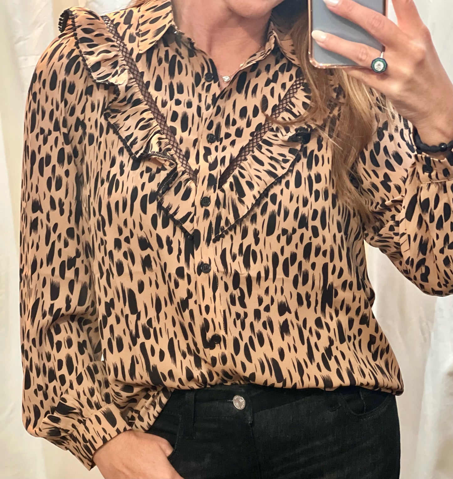 Leopard Trimmed Ruffle Blouse