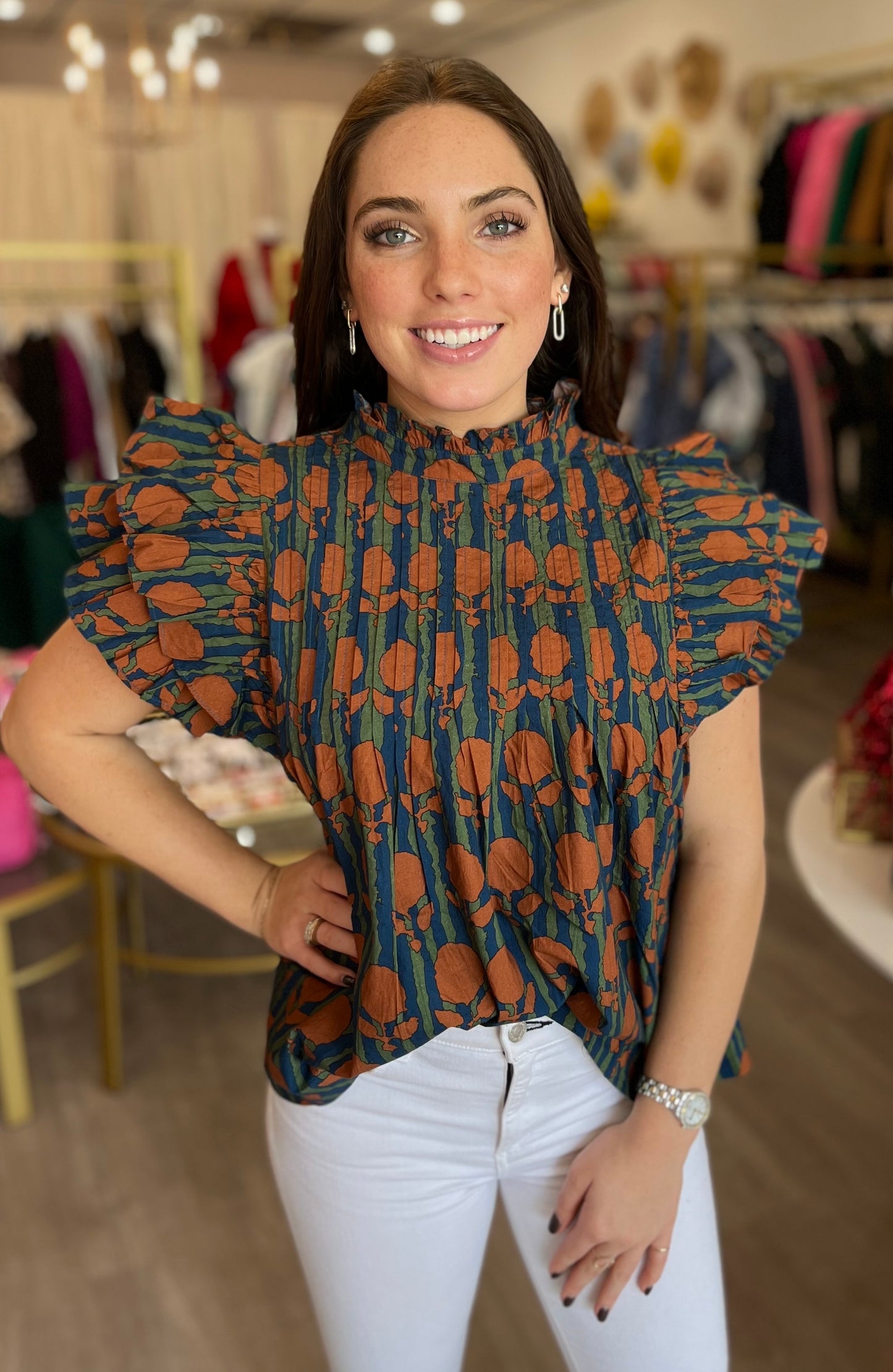 Istanbul Pintuck Ruffle Top in Cognac