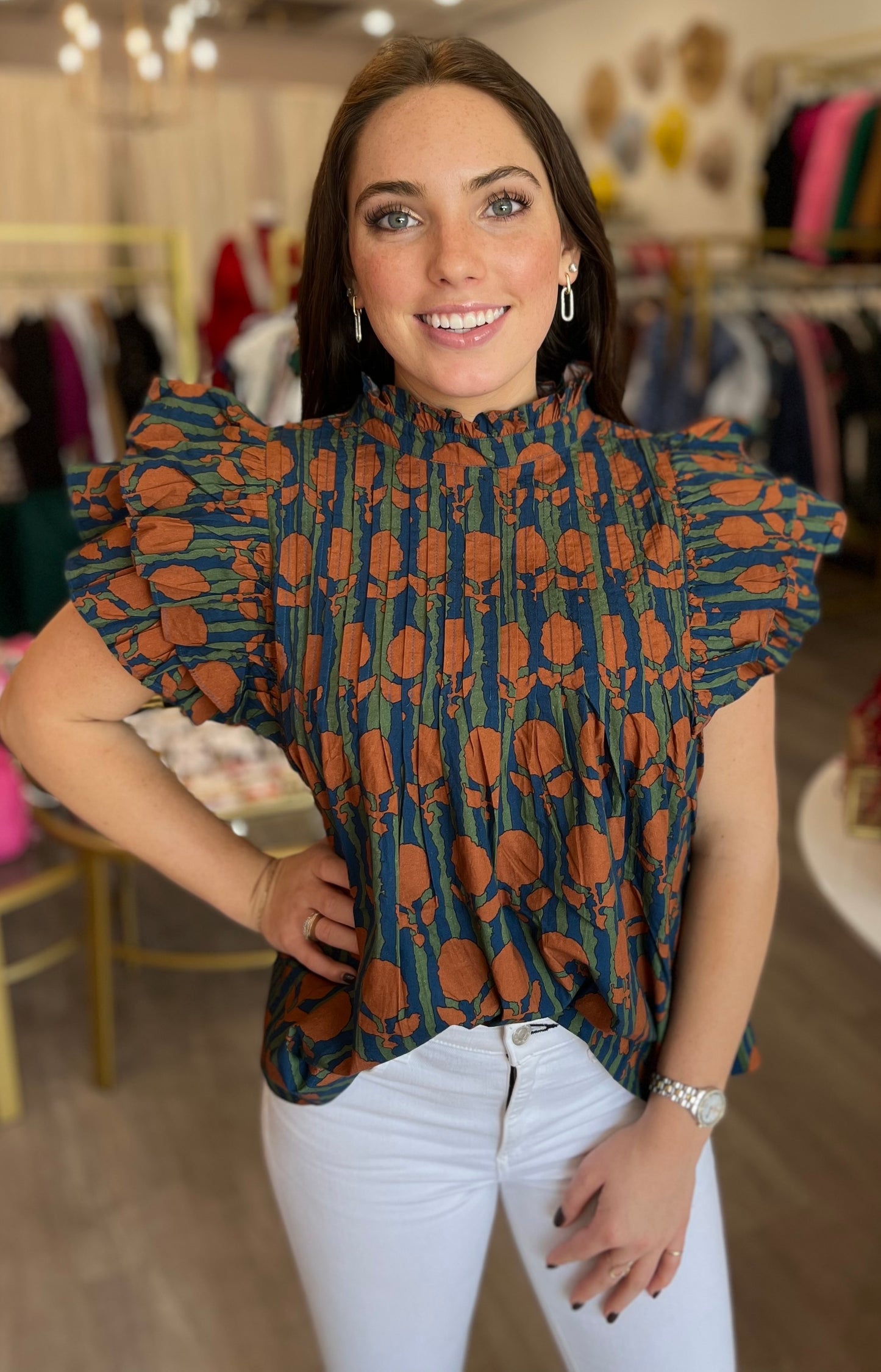 Istanbul Pintuck Ruffle Top in Cognac