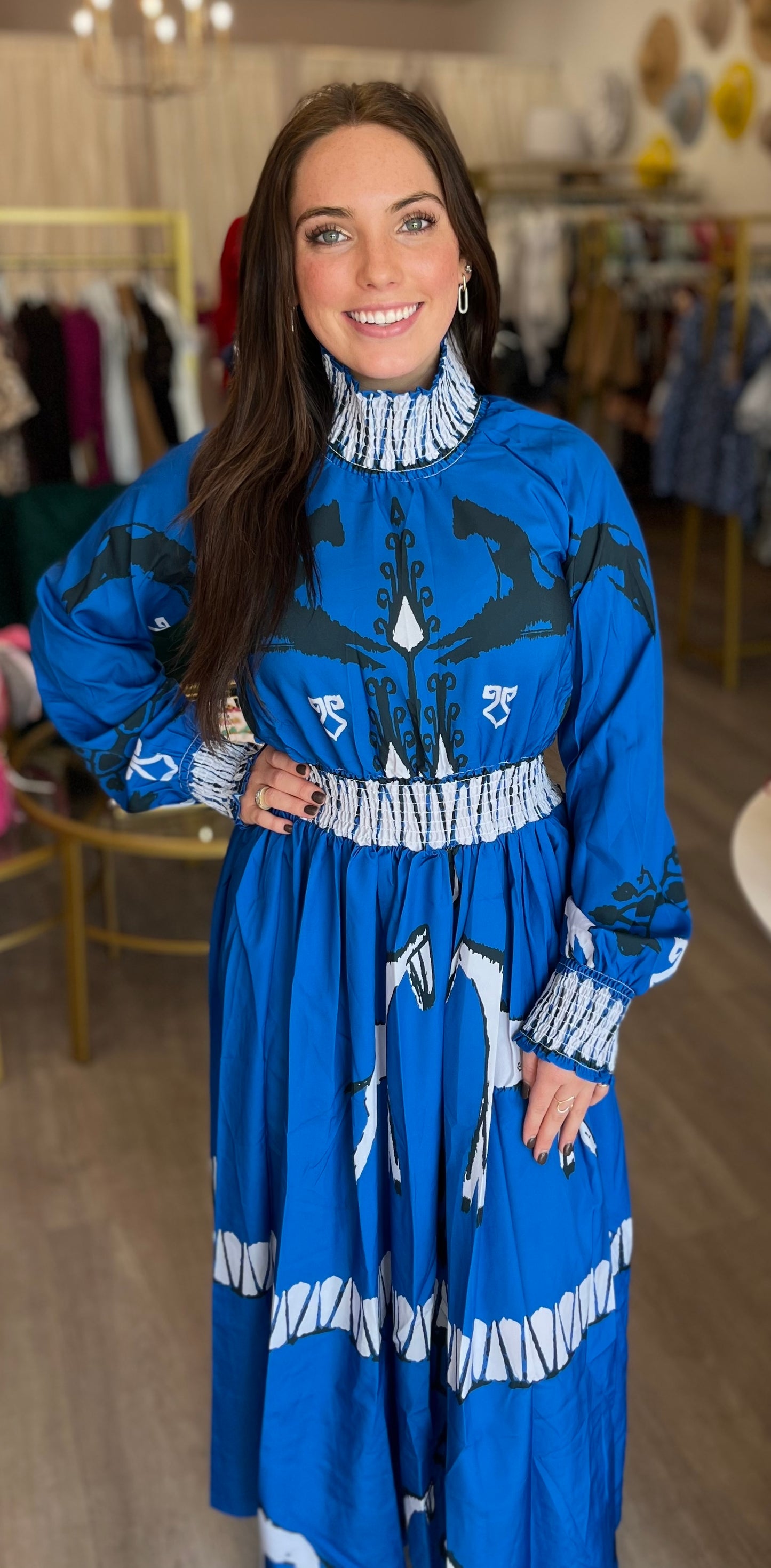 Equestrian Print Long Sleeve Dress in Blue