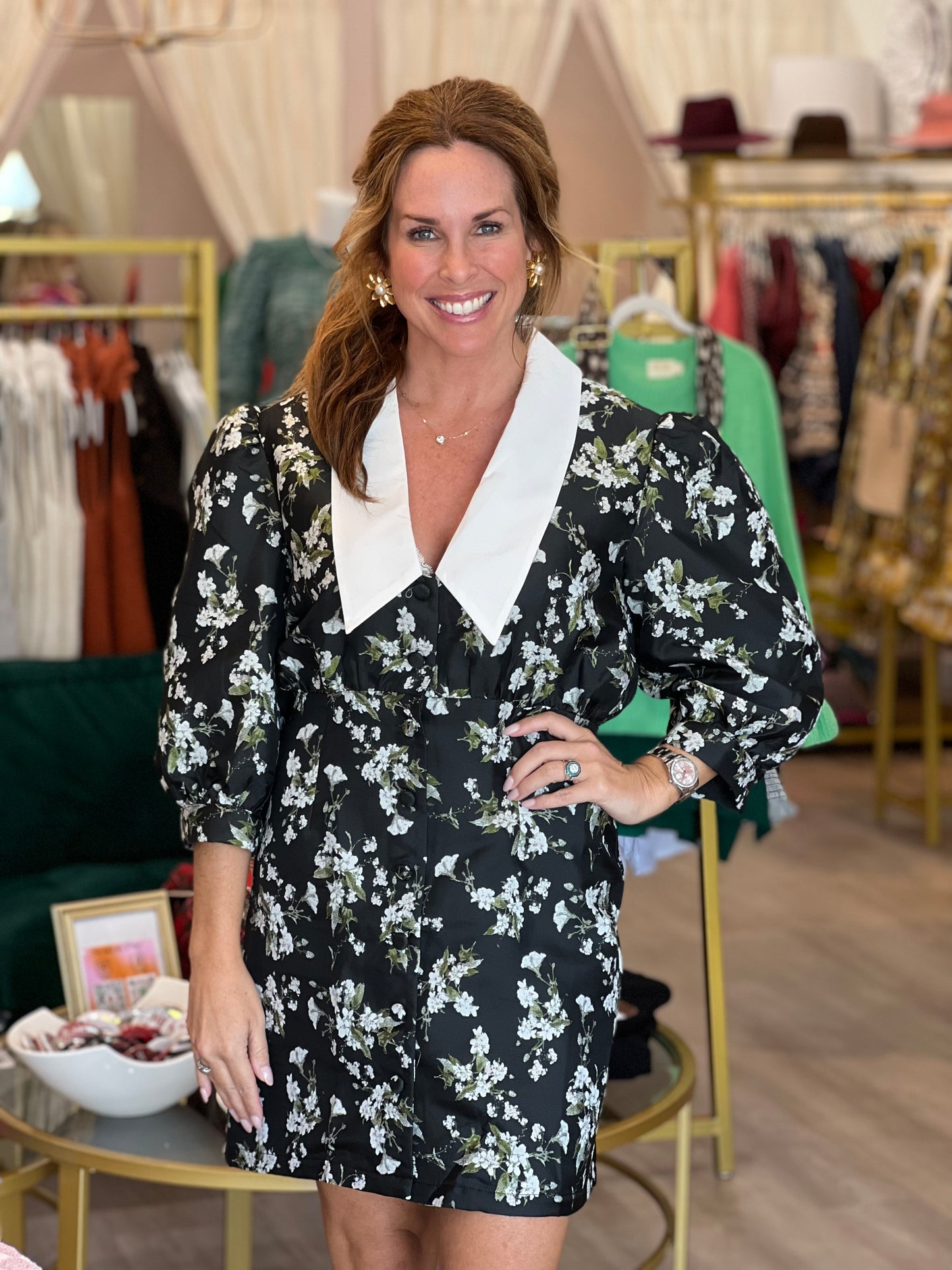 Floral Jacquard Collar Dress