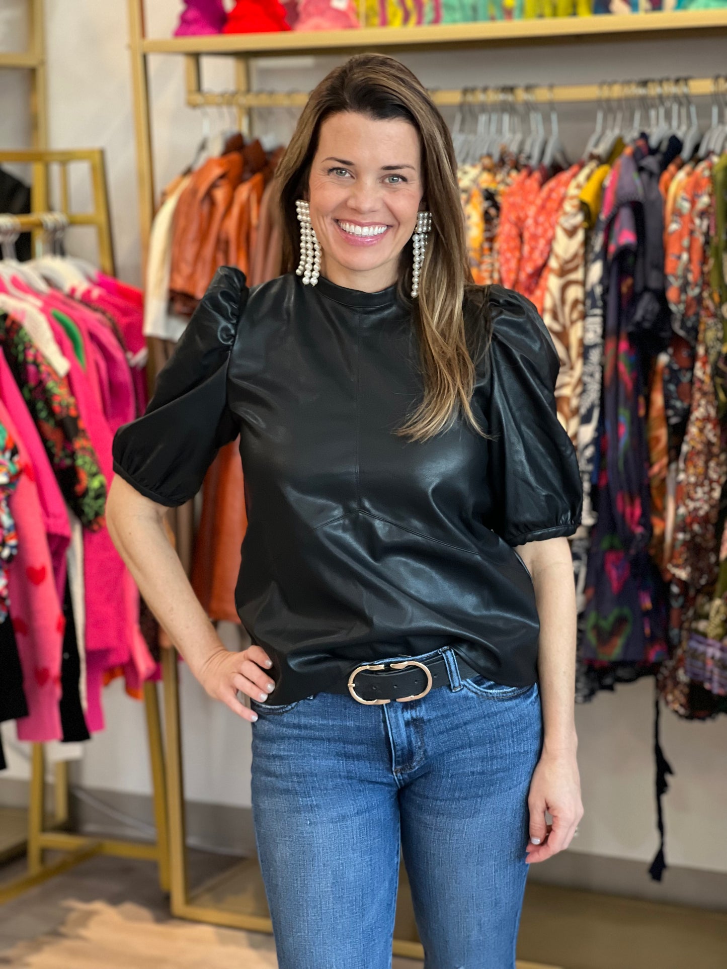Faux Leather Short Sleeve Blouse in Black