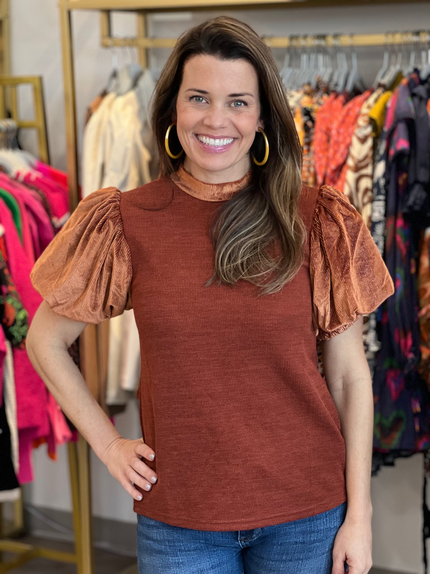 Rib Knit Puff Sleeve Top in Rust