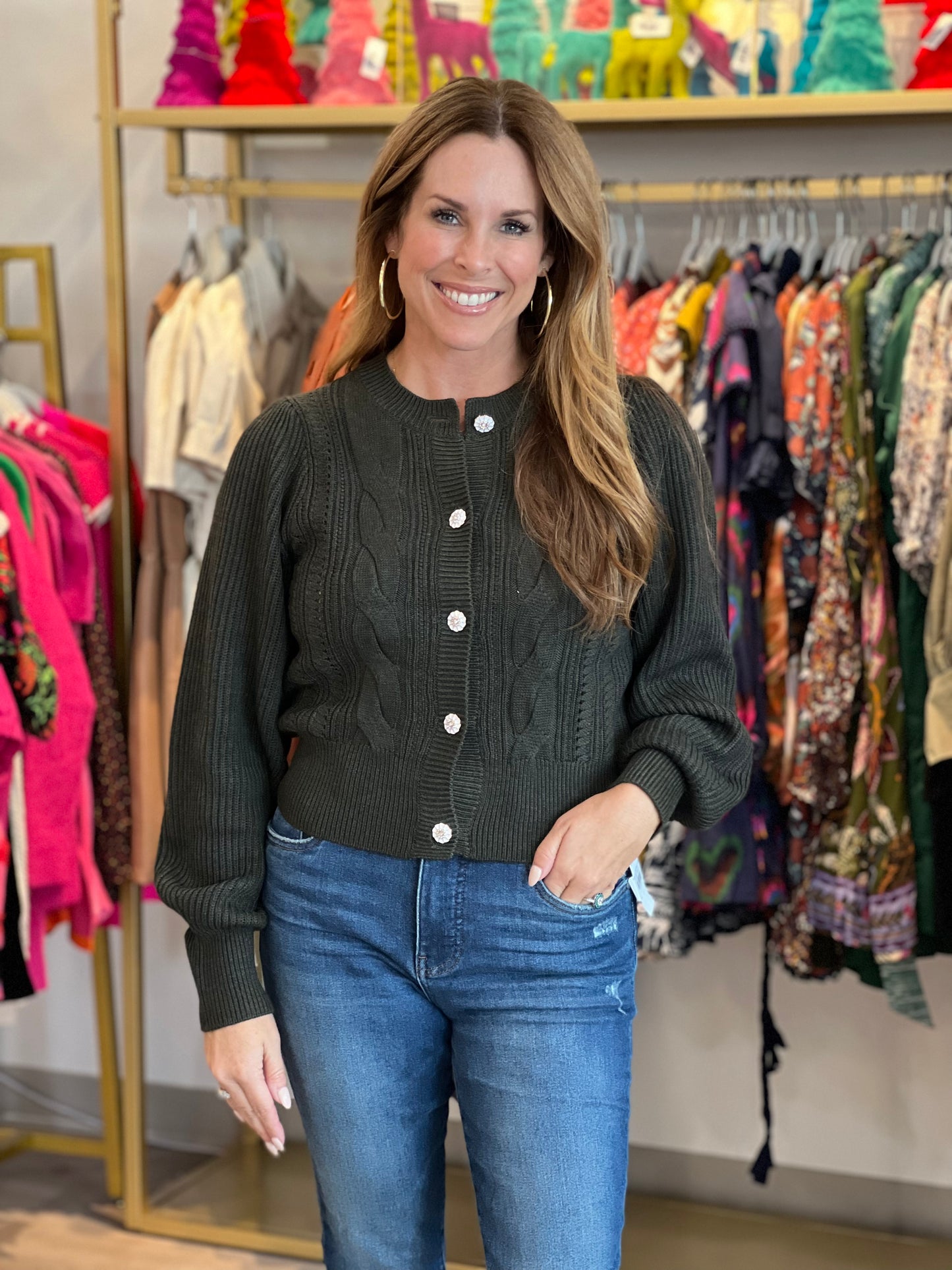Forest Green Cardigan w/Flower Buttons
