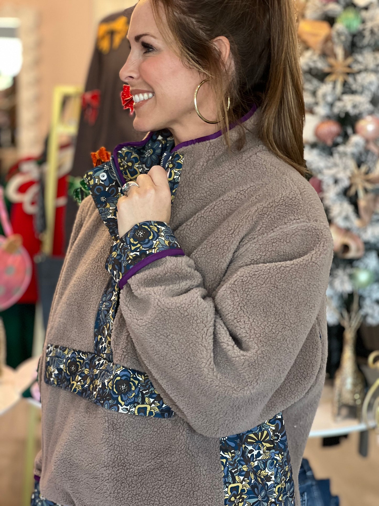Taupe Floral Reversible Pullover