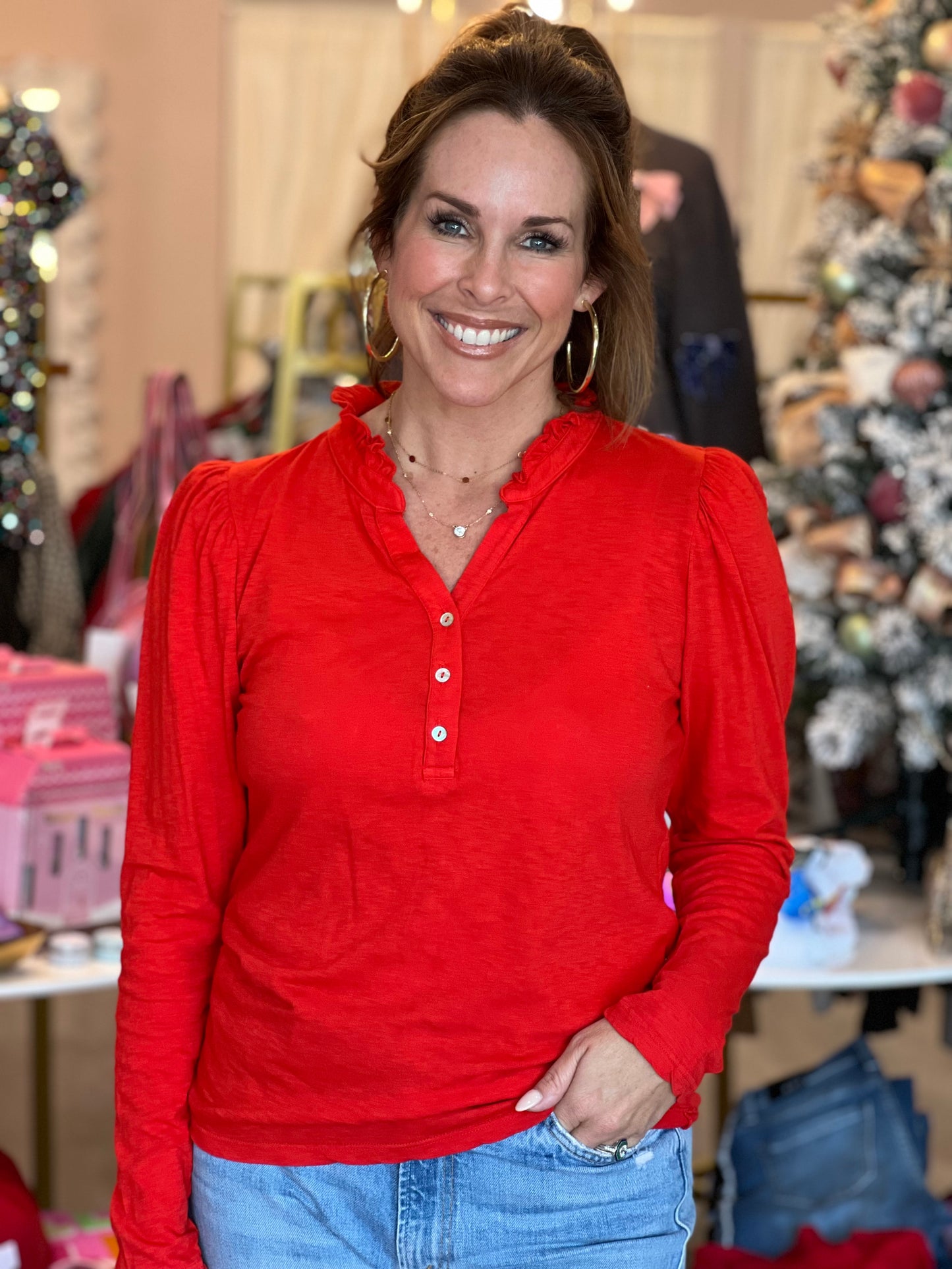 Ruffle Neck Henley in Ruby