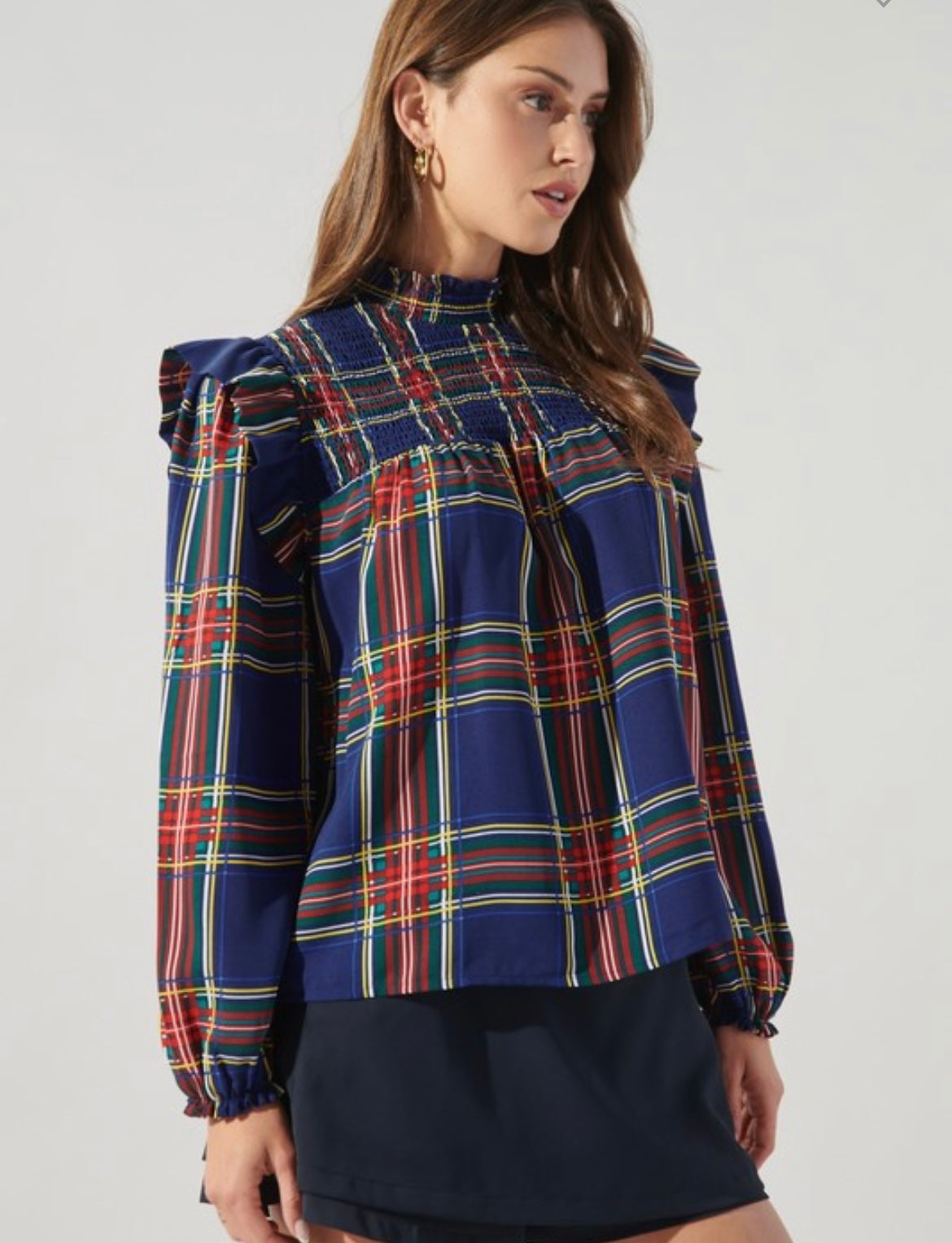 Navy Plaid Mock Neck Blouse