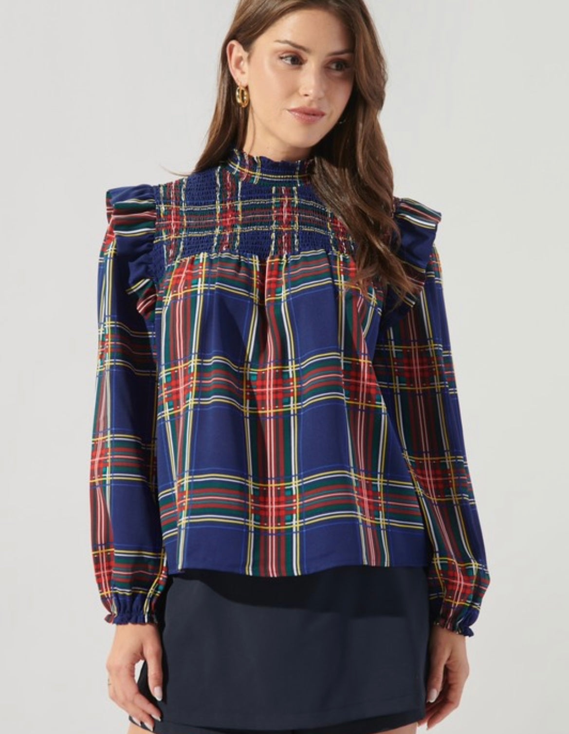 Navy Plaid Mock Neck Blouse