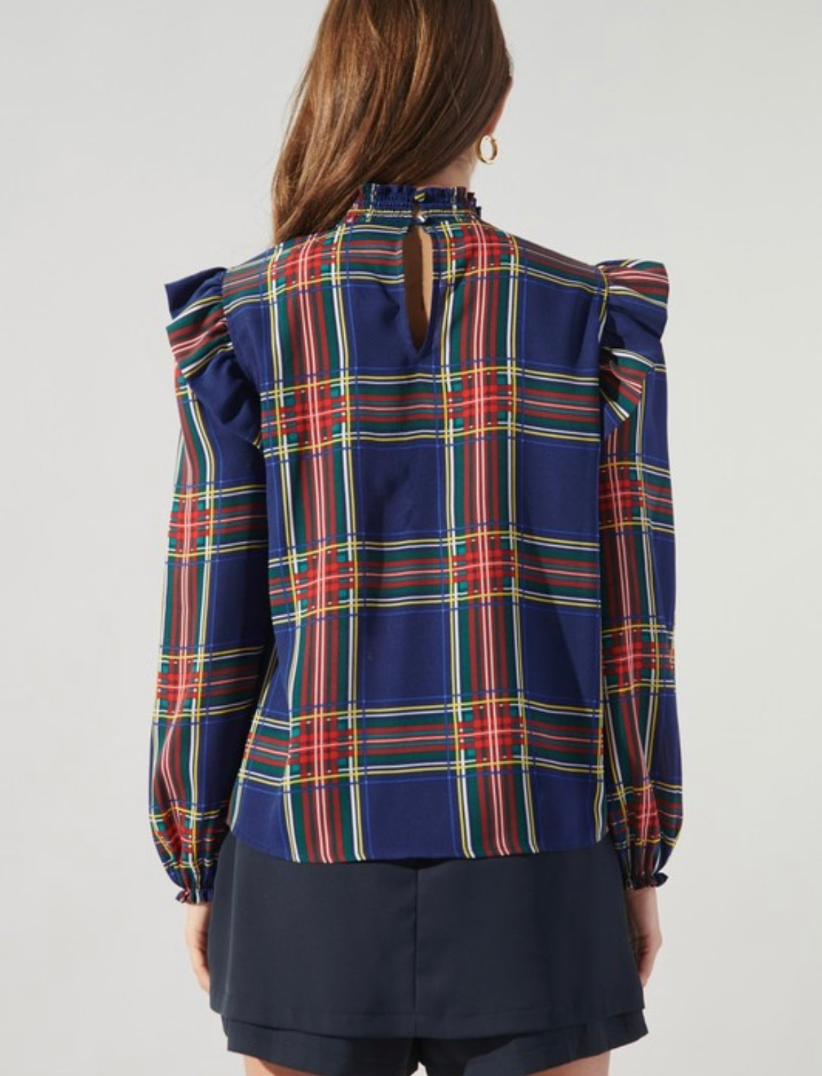 Navy Plaid Mock Neck Blouse