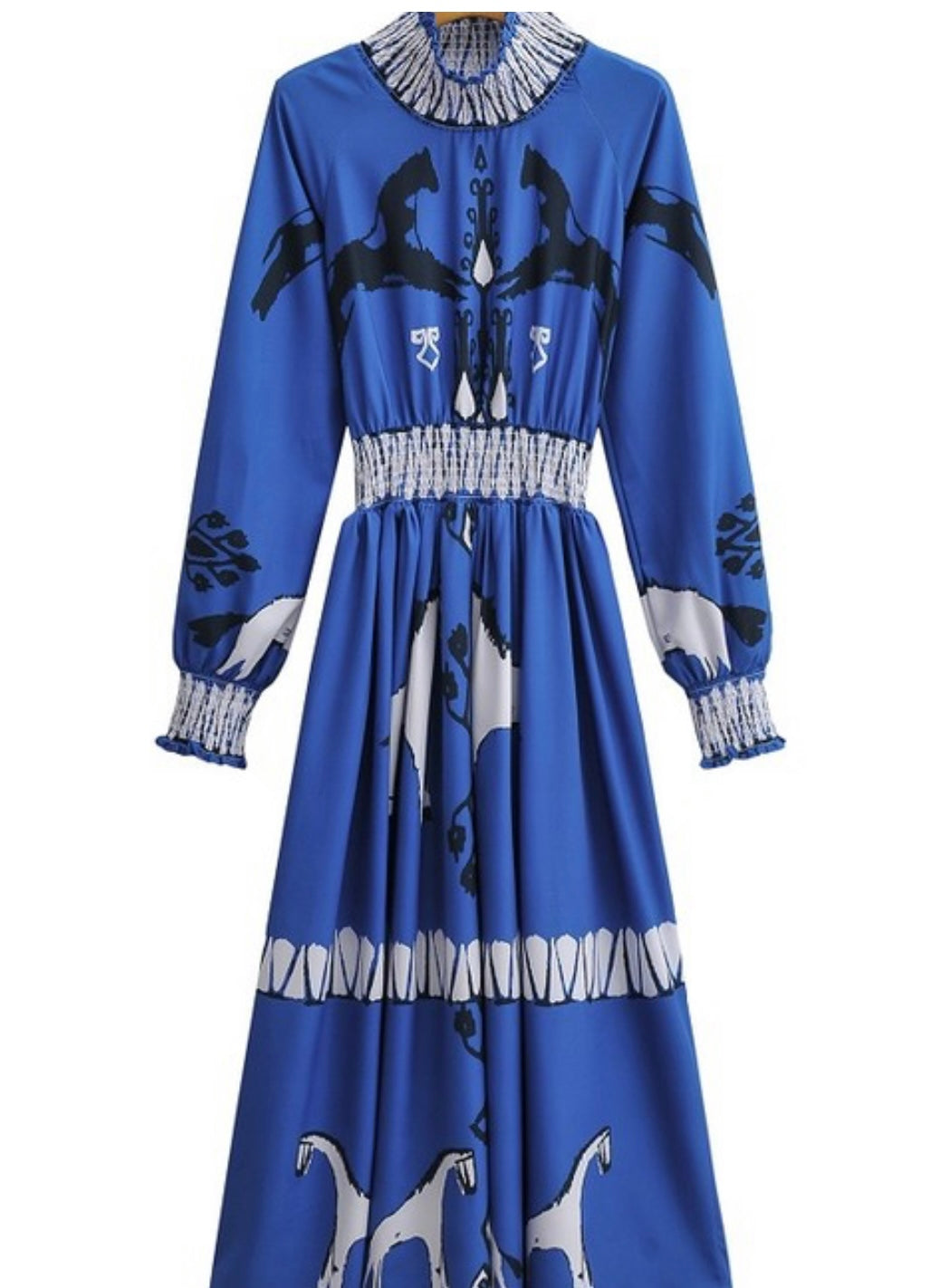 Equestrian Print Long Sleeve Dress in Blue