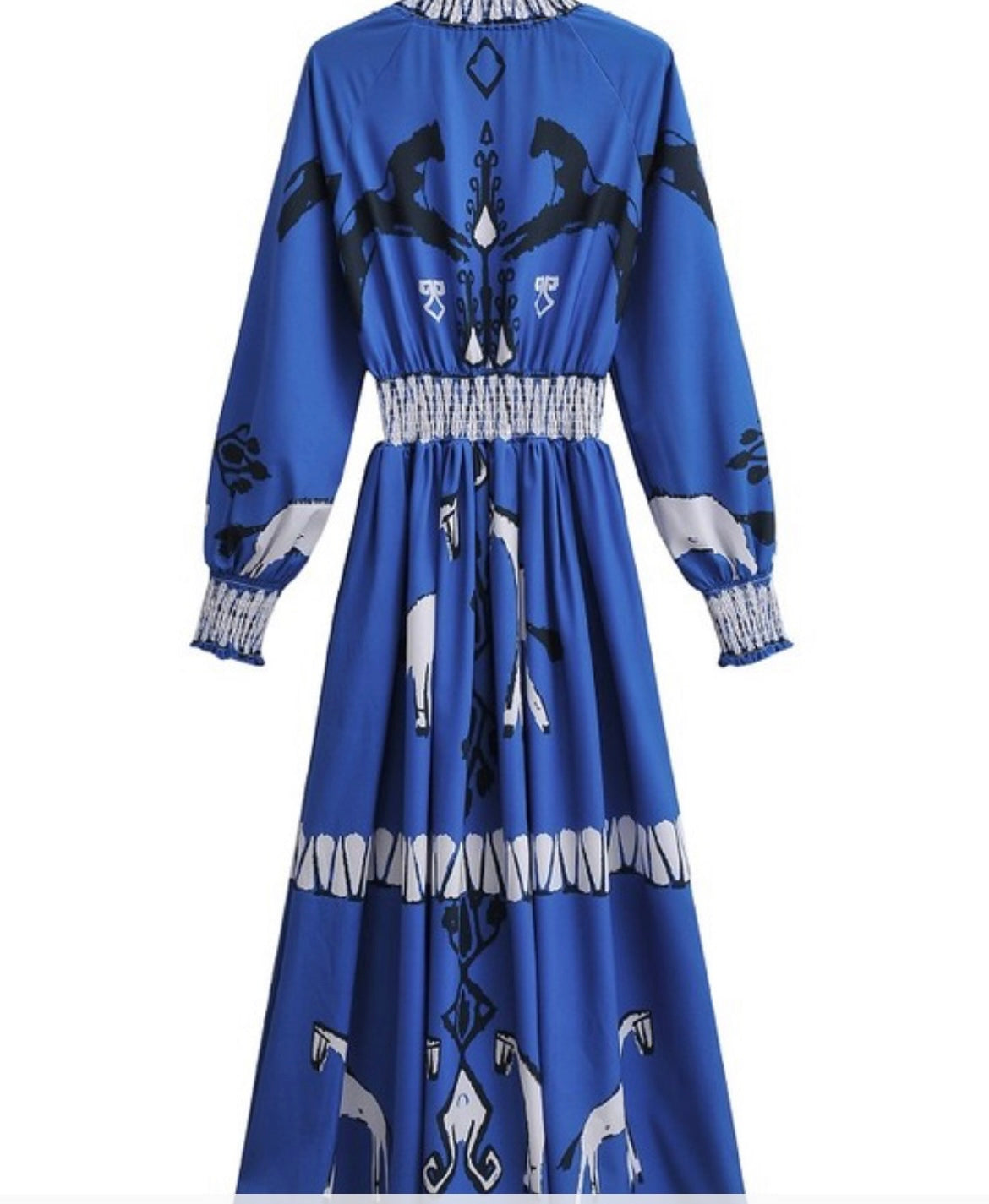 Equestrian Print Long Sleeve Dress in Blue