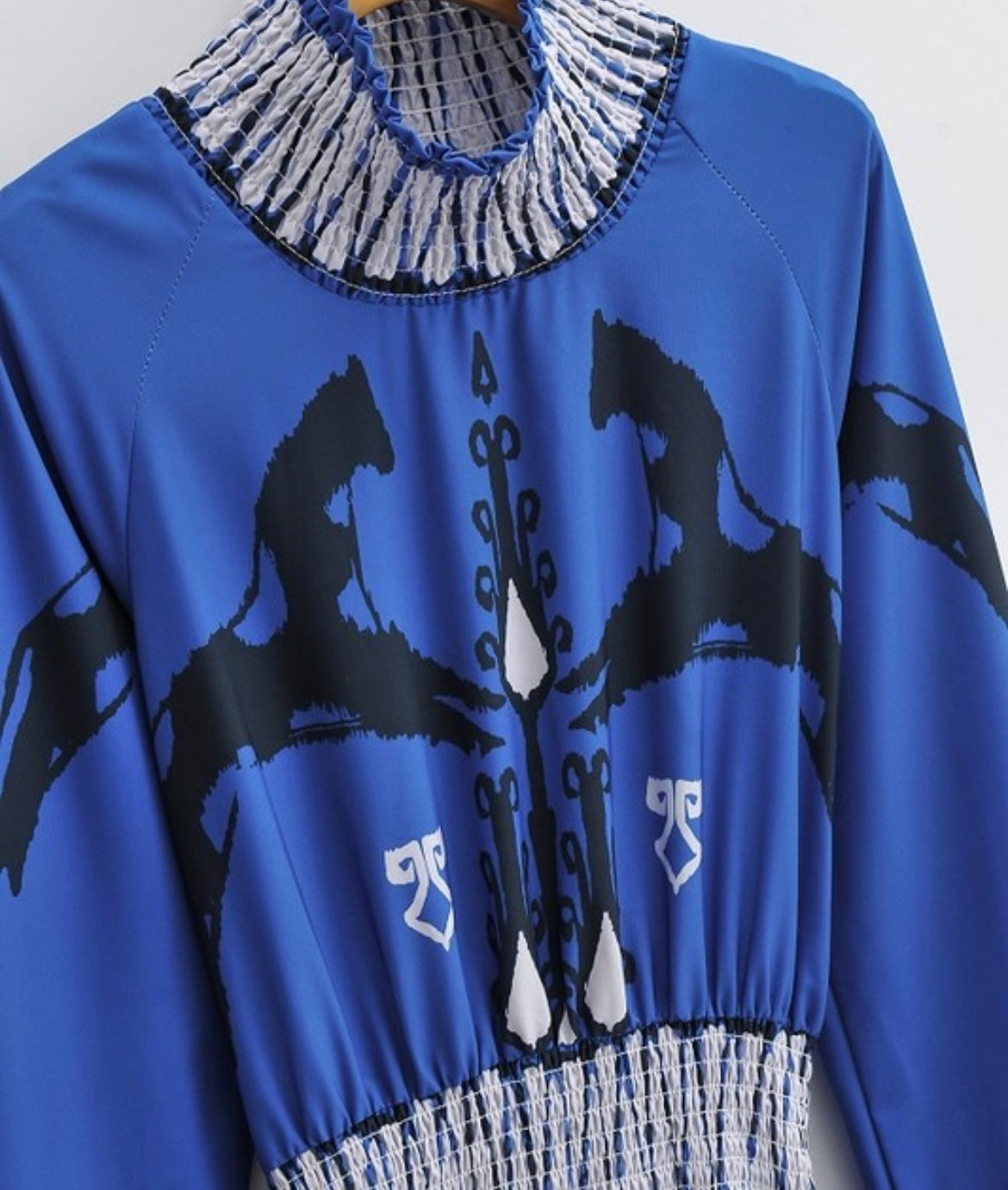 Equestrian Print Long Sleeve Dress in Blue