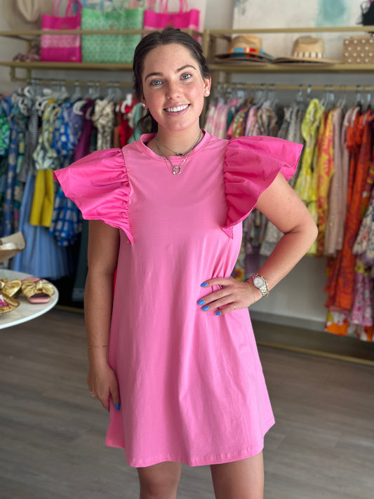 Ruffle Tee Shirt Dress in Pink