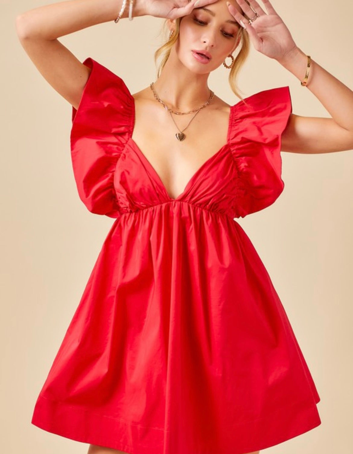 Ruffle Tie Back Poplin Dress in Red
