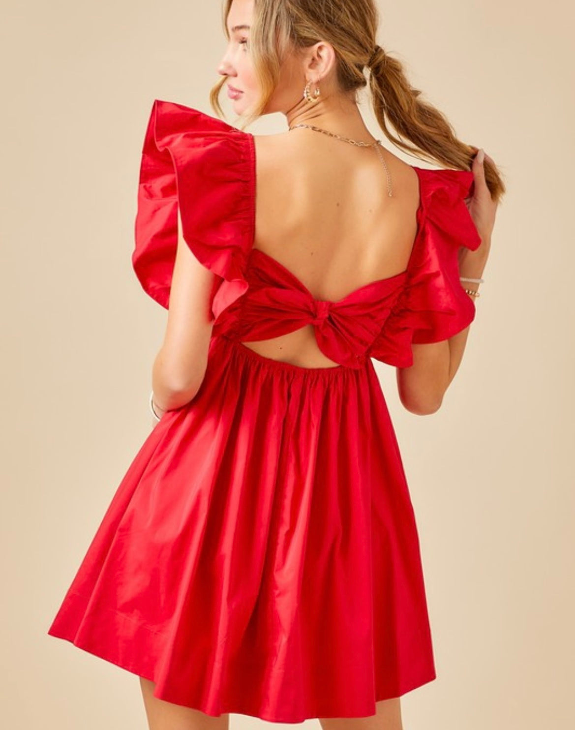 Ruffle Tie Back Poplin Dress in Red