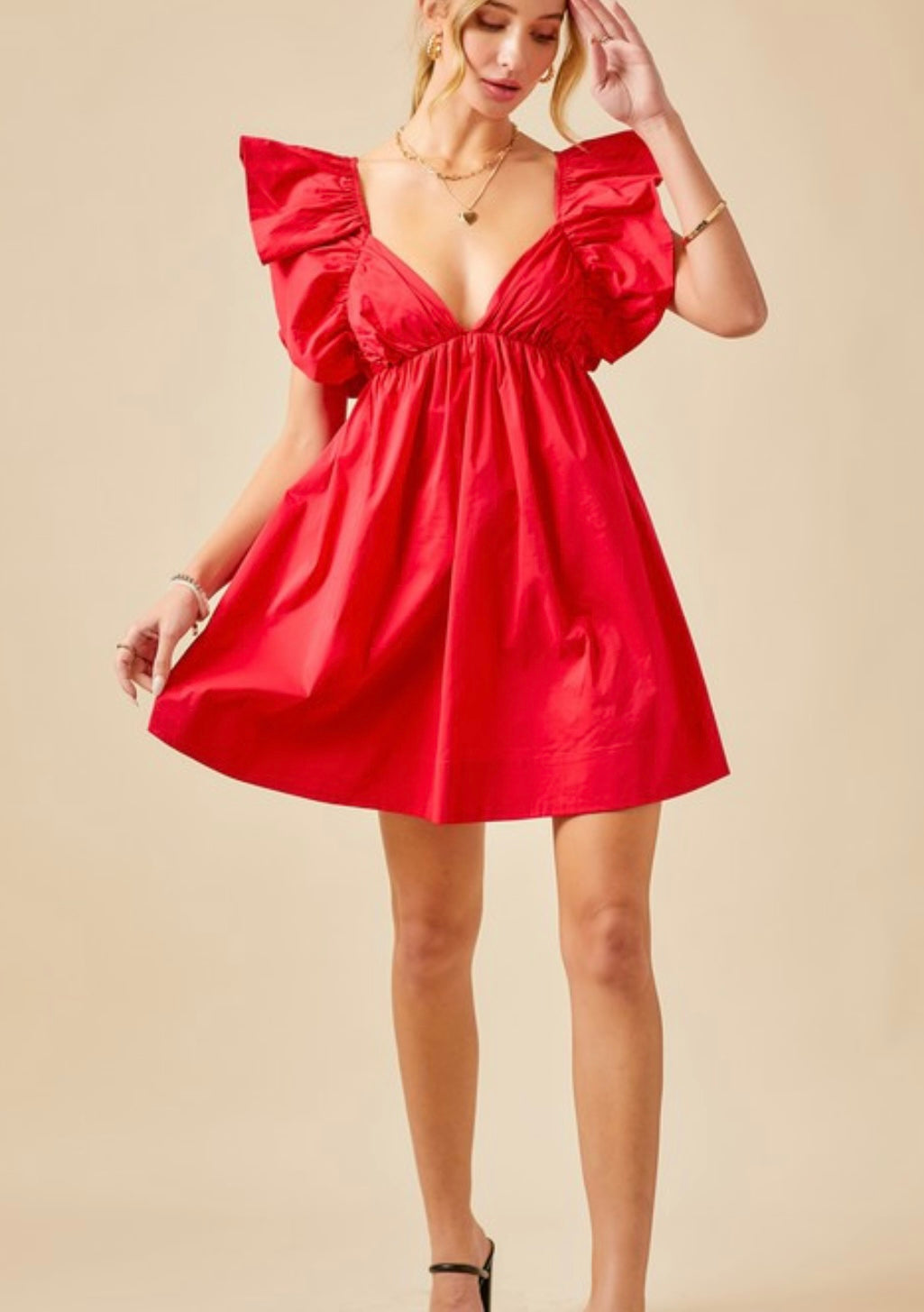 Ruffle Tie Back Poplin Dress in Red