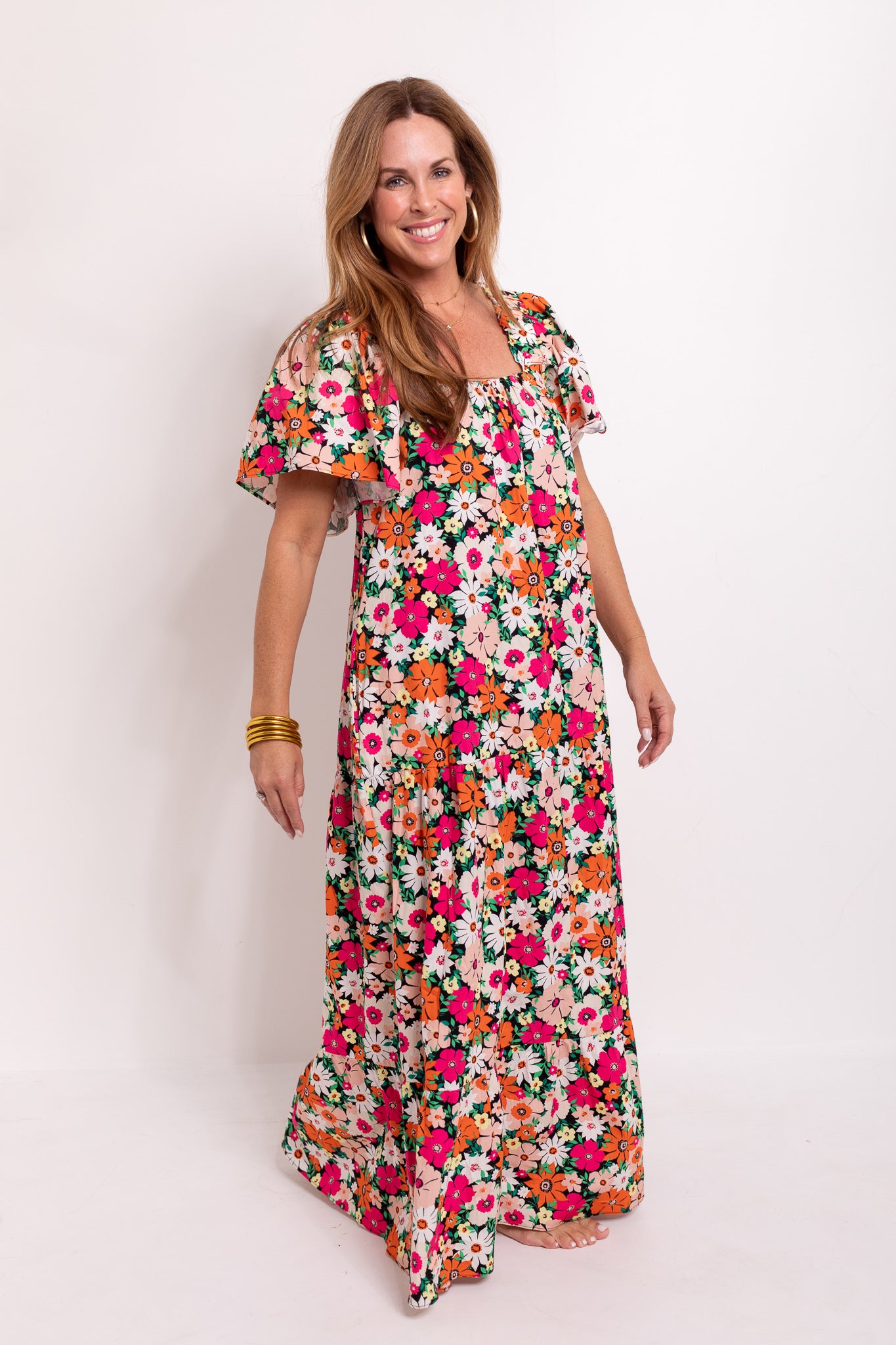 Fall Floral Square Neck Maxi Dress