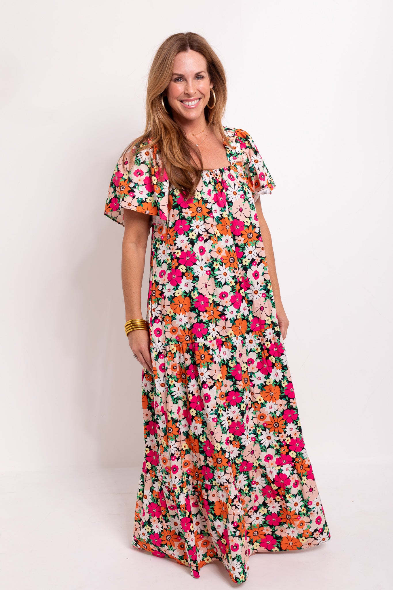 Fall Floral Square Neck Maxi Dress