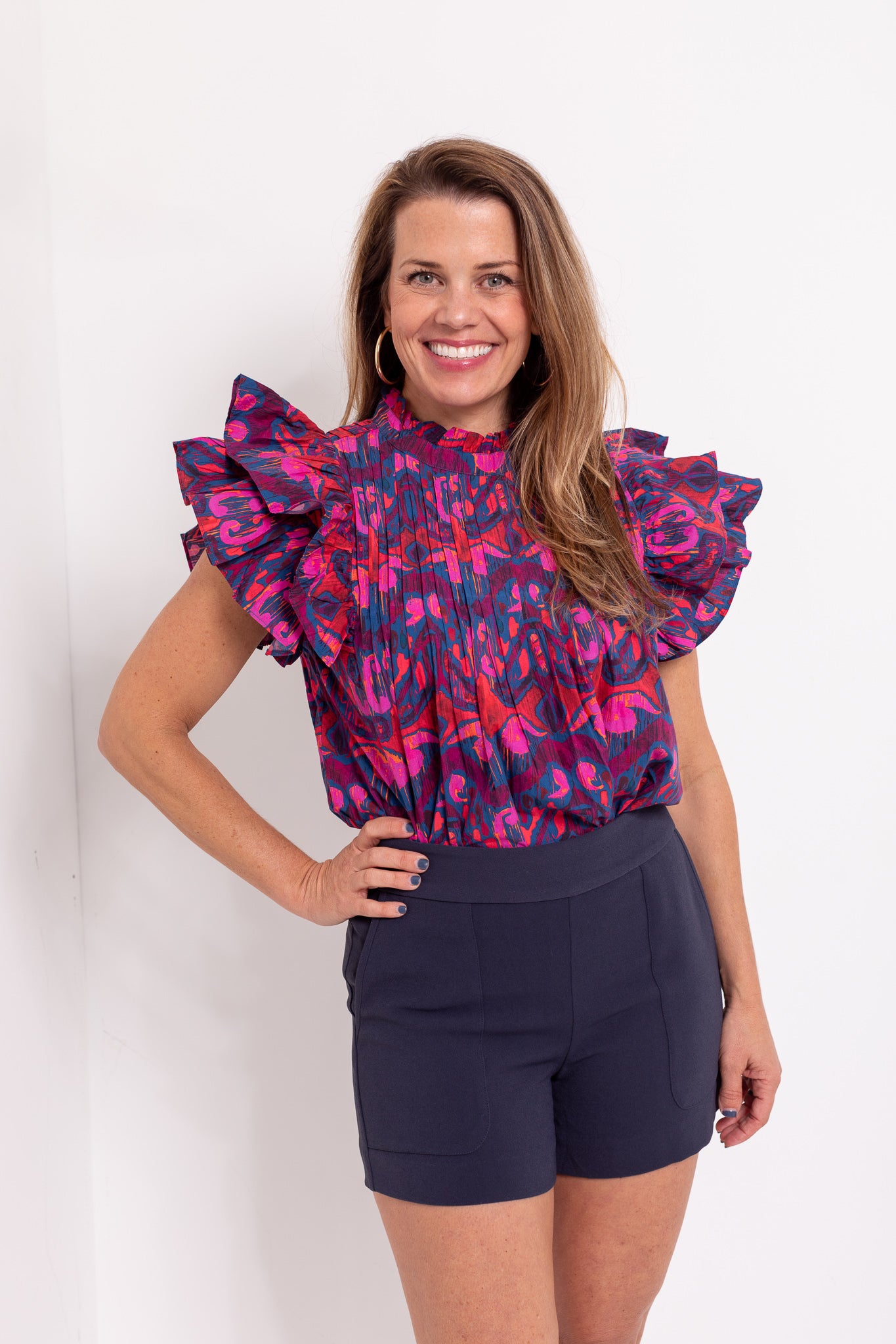 Pintuck Ruffle Top in Blue Kazak